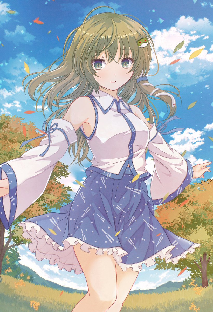 mimi (rasy5002), kochiya sanae, touhou, highres, 1girl, armpit crease, autumn leaves, bare shoulders, blue skirt, blue sky, blush, breasts, closed mouth, cloud, collared shirt, detached sleeves, dot nose, feet out of frame, frilled skirt, frills, frog hair ornament, green eyes, green hair, hair ornament, hair tubes, leaf, long hair, long sleeves, looking at viewer, medium breasts, miniskirt, outdoors, patterned clothing, print skirt, shirt, single hair tube, single sidelock, skirt, skirt set, sky, sleeve bow, sleeveless, sleeveless shirt, smile, snake hair ornament, solo, tree, wide sleeves