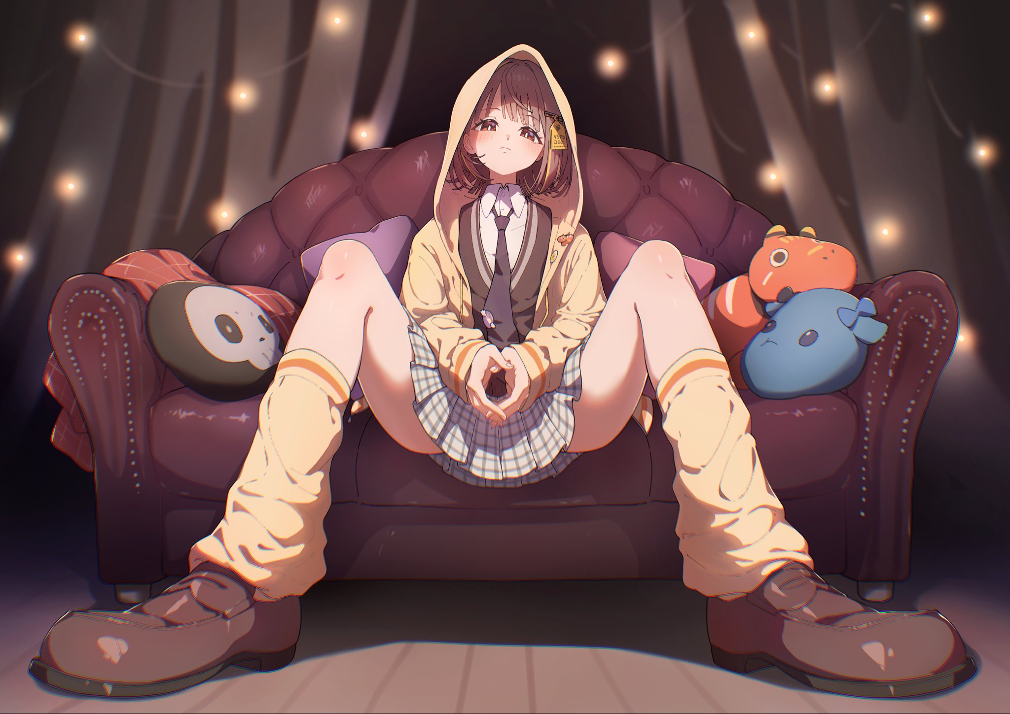 niboshidrip, sendo yuuhi, sendo yuuhi (1st costume), vspo!, commentary request, highres, 1girl, akabeko, brown eyes, brown hair, brown necktie, brown shoes, brown sweater, collared shirt, couch, dress shirt, foreshortening, grey skirt, hair ornament, hood, hood up, hooded jacket, indoors, jacket, loafers, long sleeves, miniskirt, necktie, on couch, open clothes, open jacket, plaid clothes, plaid skirt, pleated skirt, shirt, shoes, short hair, sitting, skirt, socks, solo, stuffed toy, sweater, virtual youtuber, white shirt, yellow jacket, yellow socks