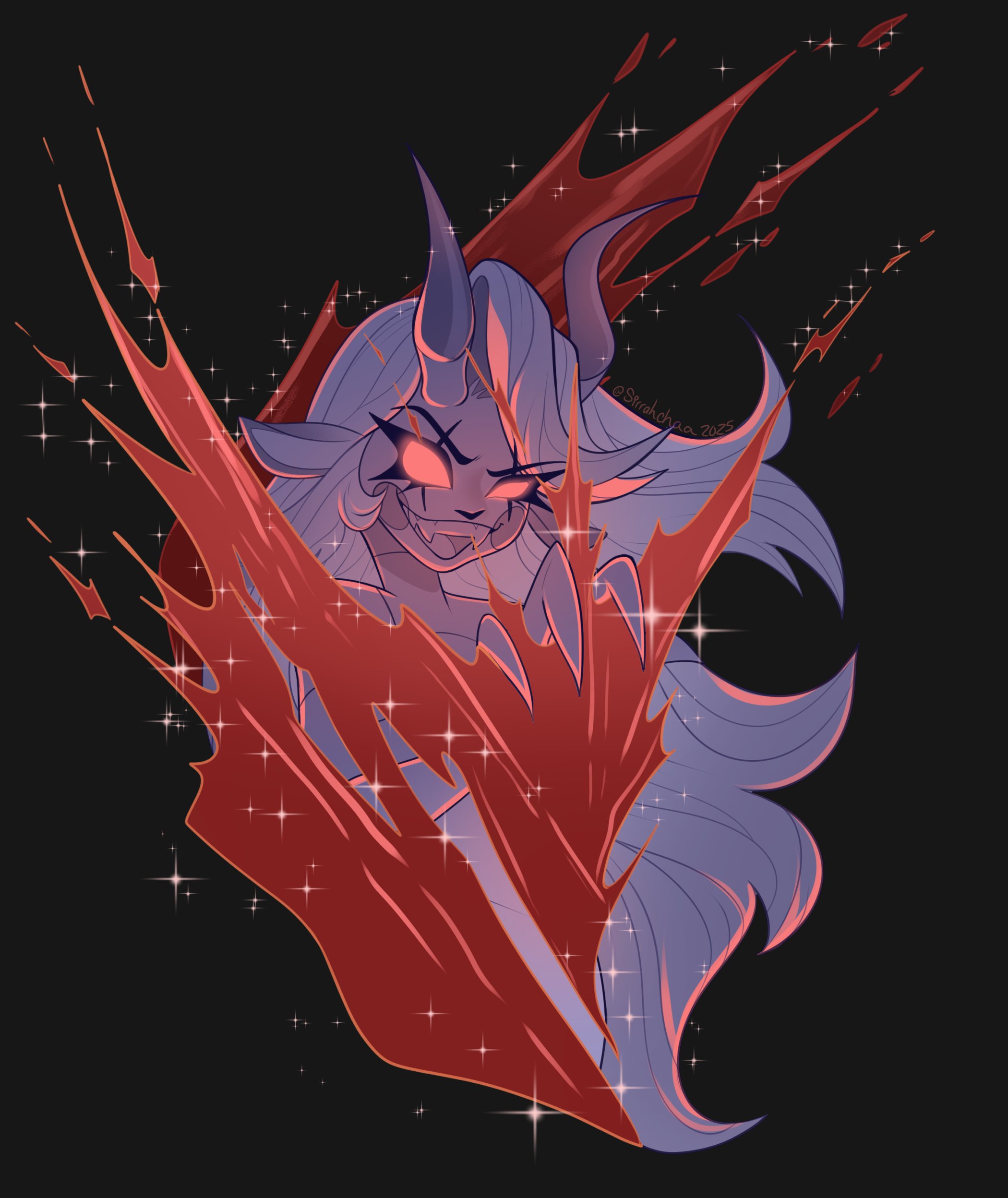 charlie morningstar, hazbin hotel, hellaverse, absurdres, highres, 1girl, artist name, black background, blood, blush stickers, demon horns, fangs, glowing, glowing eyes, horns, long hiar, red eyes, simple background, sirrahchaa, smile, solo, teeth, upper teeth only