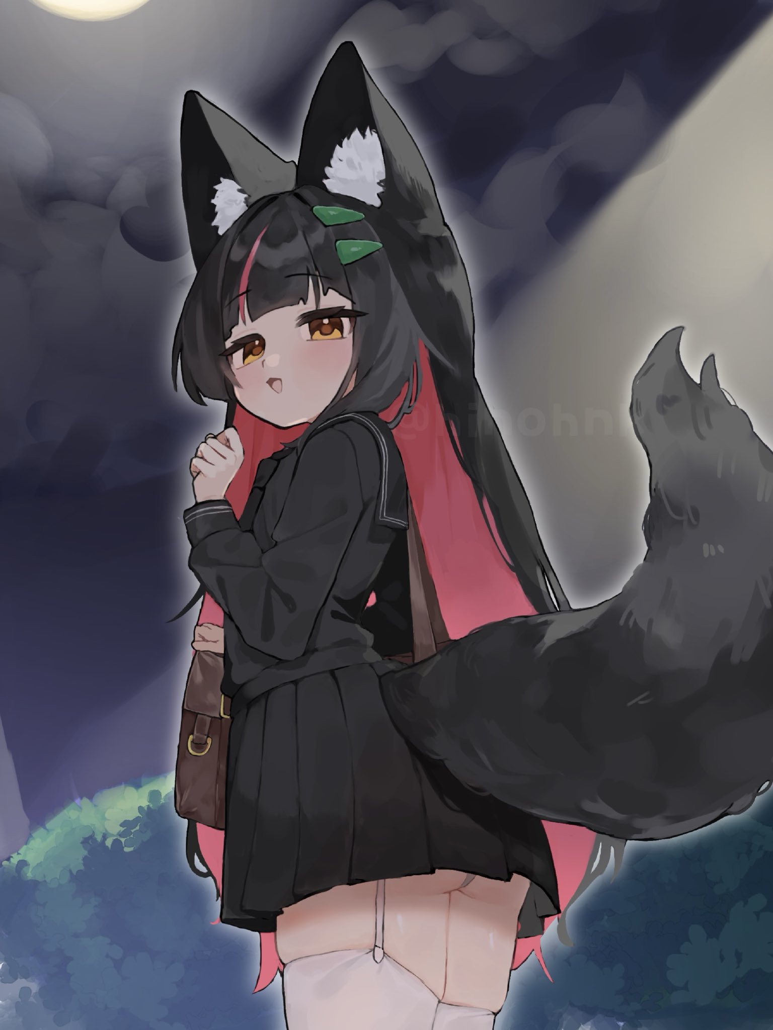 hino hinoki, indie virtual youtuber, commentary request, commission, highres, second-party source, skeb commission, 1girl, abb q, animal ear fluff, animal ears, bag, black hair, black necktie, black sailor collar, black serafuku, black shirt, black skirt, brown bag, colored inner hair, fox ears, fox girl, fox tail, garter straps, hair ornament, hairclip, long hair, long sleeves, multicolored hair, necktie, open mouth, panties, pantyshot, pink hair, pleated skirt, sailor collar, school uniform, serafuku, shirt, shoulder bag, skindentation, skirt, smile, solo, tail, thighhighs, two-tone hair, underwear, upskirt, very long hair, virtual youtuber, white garter straps, white panties, white thighhighs, yellow eyes