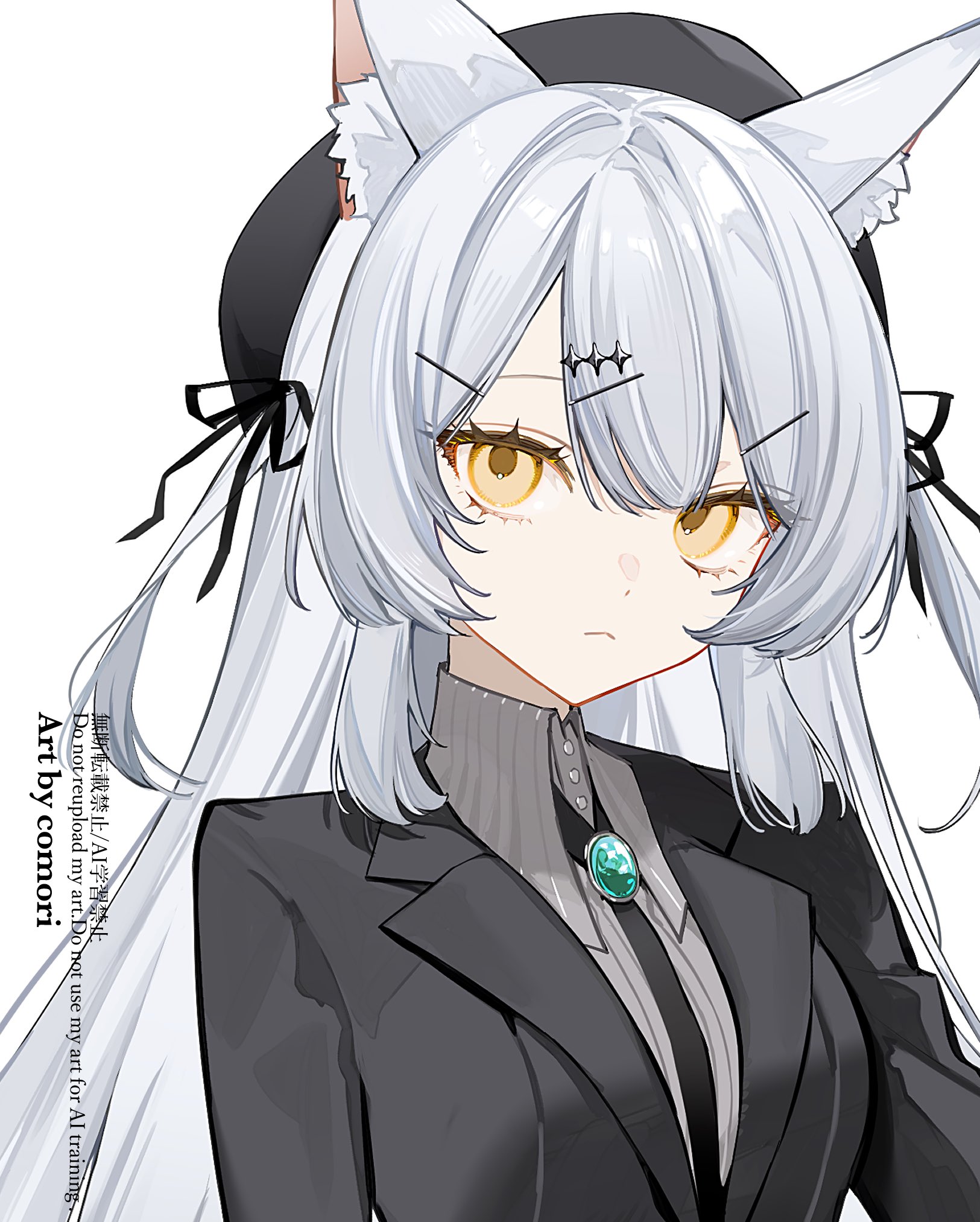 comori, original, commentary, commission, highres, skeb commission, 1girl, animal ear fluff, animal ears, black hat, black jacket, borrowed character, cat ears, cat girl, closed mouth, collared shirt, grey hair, hair ornament, hairclip, hat, jacket, long hair, looking at viewer, shirt, simple background, solo, upper body, white background, white shirt, yellow eyes