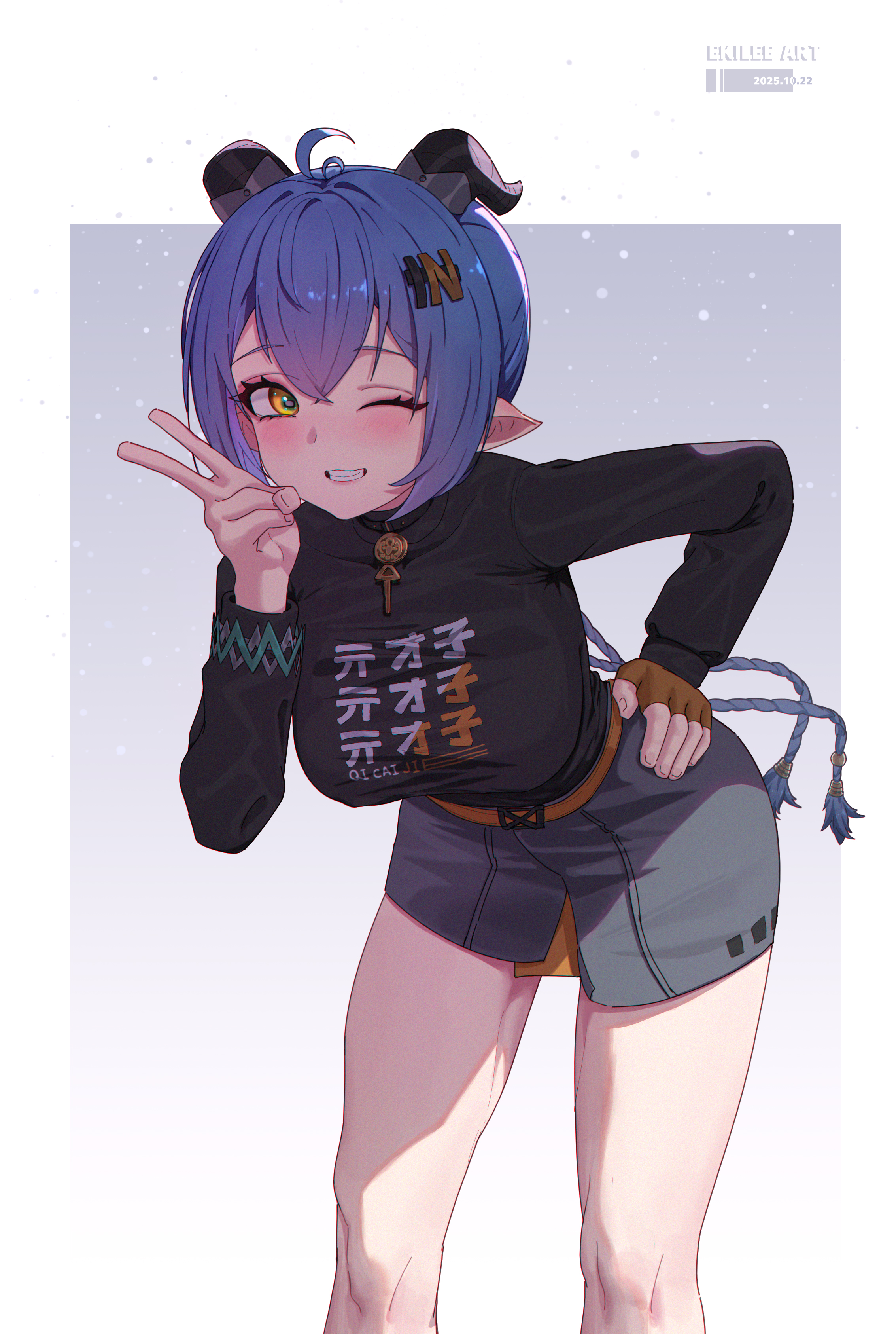eki-lee, belle (zenless zone zero), lucia elowen, zenless zone zero, braided twintails, absurdres, highres, 1girl, accessories, alternate costume, animal ears, artist name, belle (zenless zone zero) (cosplay), belt, belted skirt, black horns, black shirt, blue hair, blush, border, bracelet, braid, breasts, choker, cosplay, fingerless gloves, gloves, goat ears, goat girl, goat horns, grey background, grey skirt, grin, hair between eyes, hair ornament, hand on own hip, horizontal pupils, horns, jewelry, key, key choker, large breasts, leaning forward, letter hair ornament, long hair, looking at viewer, one eye closed, orange gloves, pointy ears, shirt, single fingerless glove, skirt, smile, solo, twintails, v, white border, yellow eyes