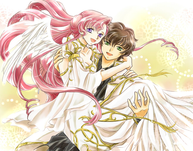 pesu, euphemia li britannia, kururugi suzaku, code geass, 00s, 1boy, 1girl, brown hair, carrying, couple, donut hair bun, dress, green eyes, hair bun, hetero, long hair, pink hair, purple eyes, wings