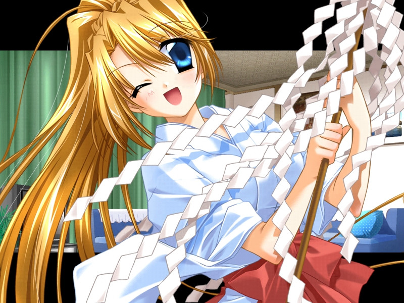 asaba yuu, kusunoki ayane, colorful box, game cg, 1girl, blonde hair, blue eyes, female focus, japanese clothes, long hair, miko, one eye closed, ponytail, solo, wink