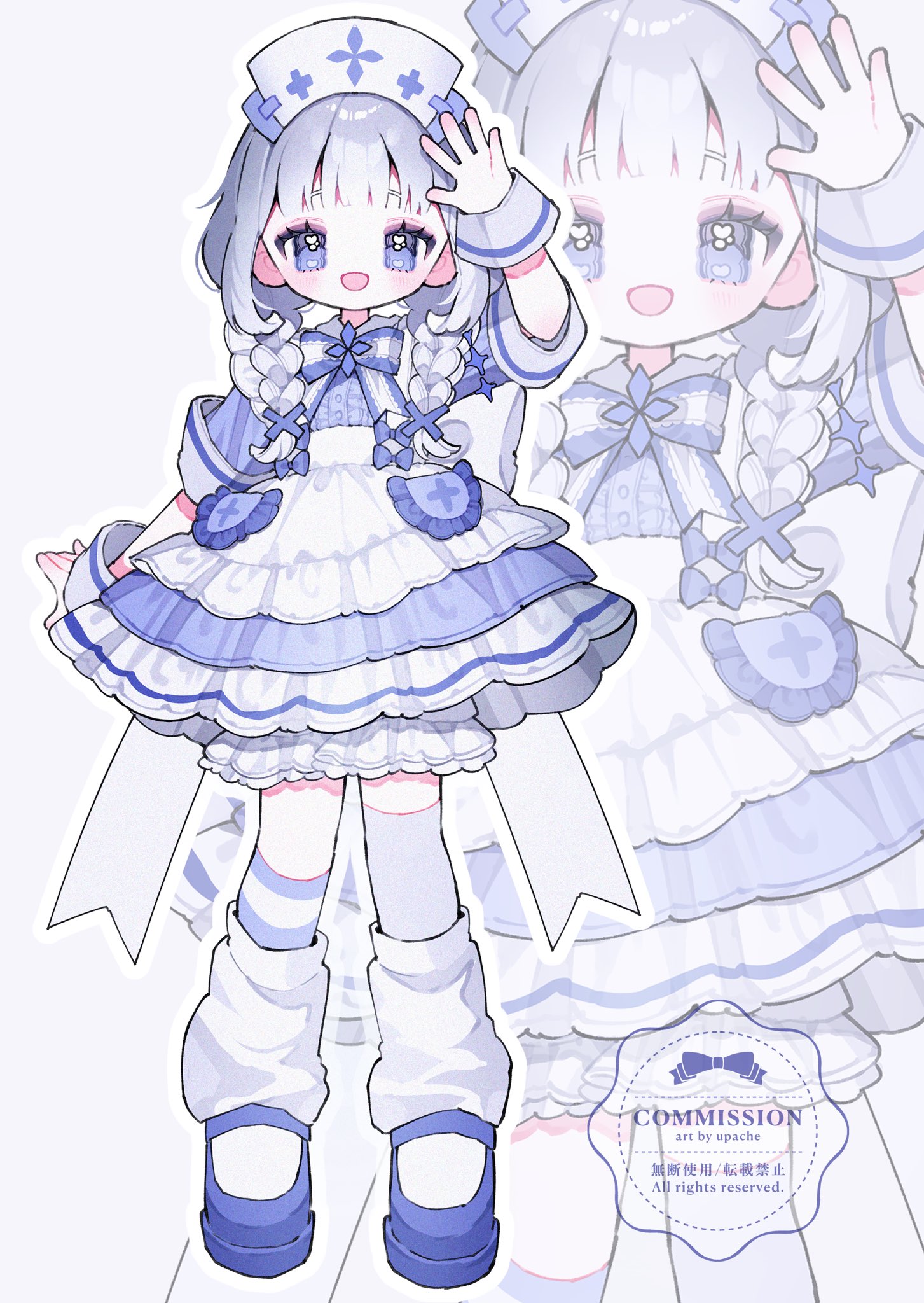 upa papa co, original, commentary, commission, highres, symbol-only commentary, 1girl, :d, arm up, artist name, asymmetrical legwear, blue dress, blue hair, blue shoes, blue socks, blunt bangs, blush, braid, dress, frilled dress, frills, full body, hair ornament, hat, long hair, looking at viewer, open mouth, outline, shoes, short sleeves, simple background, smile, socks, solo, standing, striped clothes, striped socks, thighhighs, twin braids, uneven legwear, watermark, white background, white hat, white outline, white socks, white thighhighs, wrist cuffs, x hair ornament, zoom layer