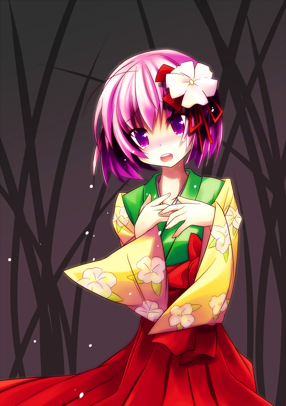 renee, hieda no akyuu, touhou, highres, 1girl, blush, female focus, floral print, flower, hair flower, hair ornament, head tilt, japanese clothes, purple eyes, purple hair, short hair, solo, tears