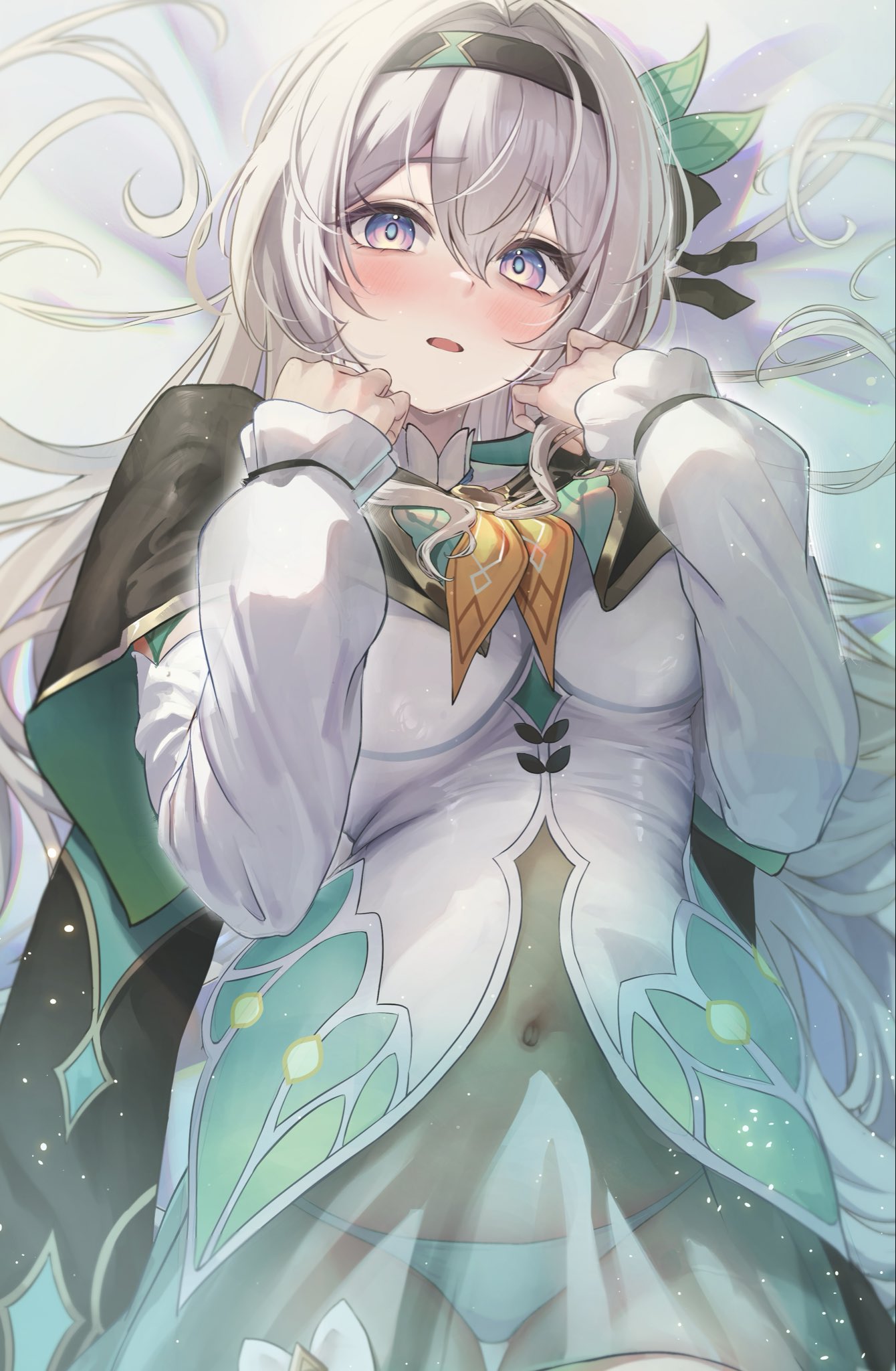 otabaaa, firefly (honkai: star rail), honkai: star rail, honkai (series), highres, 1girl, black hairband, black jacket, blue eyes, blush, breasts, covered navel, grey hair, hairband, jacket, long hair, long sleeves, looking at viewer, medium breasts, multicolored eyes, panties, parted lips, pink eyes, shirt, solo, underwear, white panties, white shirt
