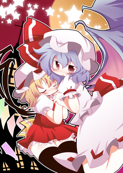 muuba, flandre scarlet, remilia scarlet, touhou, 2girls, bat wings, blonde hair, blue hair, female focus, hat, holding hands, multiple girls, red eyes, short hair, siblings, sisters, wings