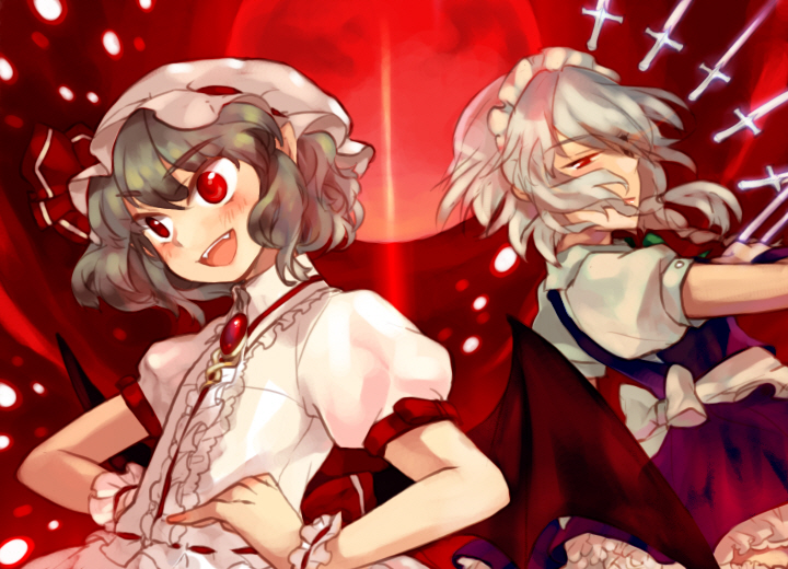 gwayo, gwayom, omyo, izayoi sakuya, remilia scarlet, embodiment of scarlet devil, touhou, silver hair, bad id, bad pixiv id, 2girls, bat wings, blue hair, braid, female focus, hairband, hat, knife, moon, multiple girls, red eyes, red moon, short hair, twin braids, wings