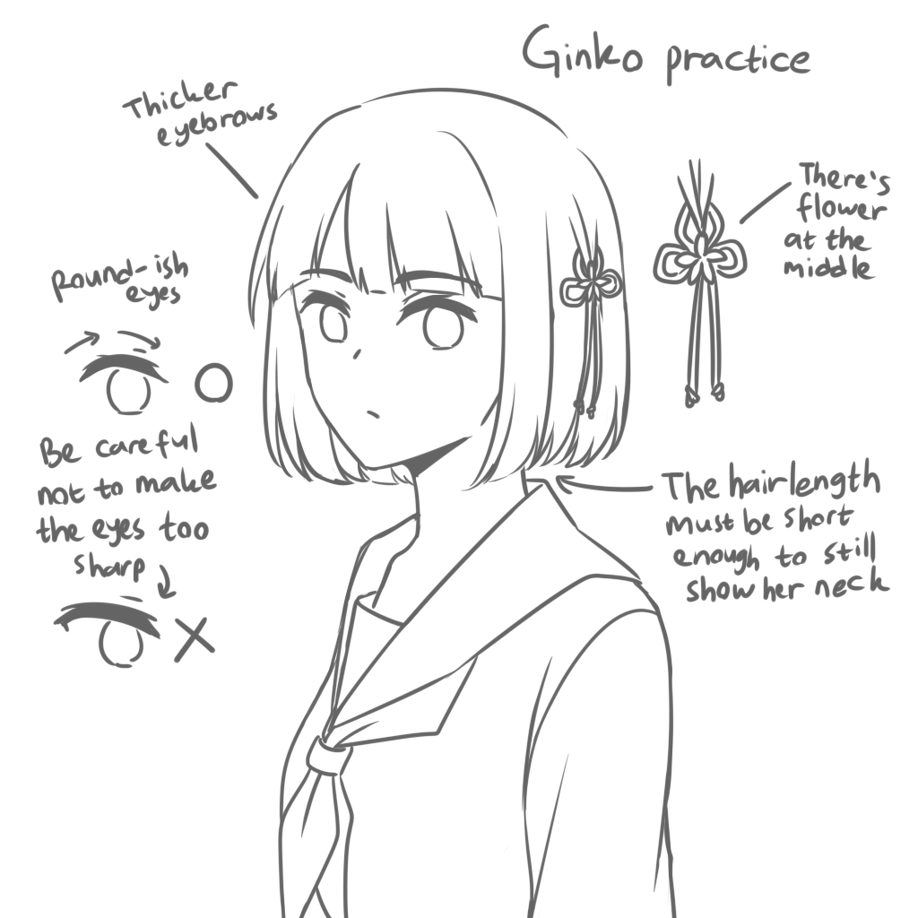 momose ginko, link! like! love live!, love live!, commentary request, 1girl, arrow (symbol), blunt bangs, bob cut, closed mouth, english text, flower, greyscale, hair flower, hair ornament, hasu no sora school uniform, long sleeves, looking at viewer, monochrome, neckerchief, potatopenggu, sailor collar, school uniform, short hair, simple background, solo, tareme, upper body, virtual youtuber, white background, winter uniform