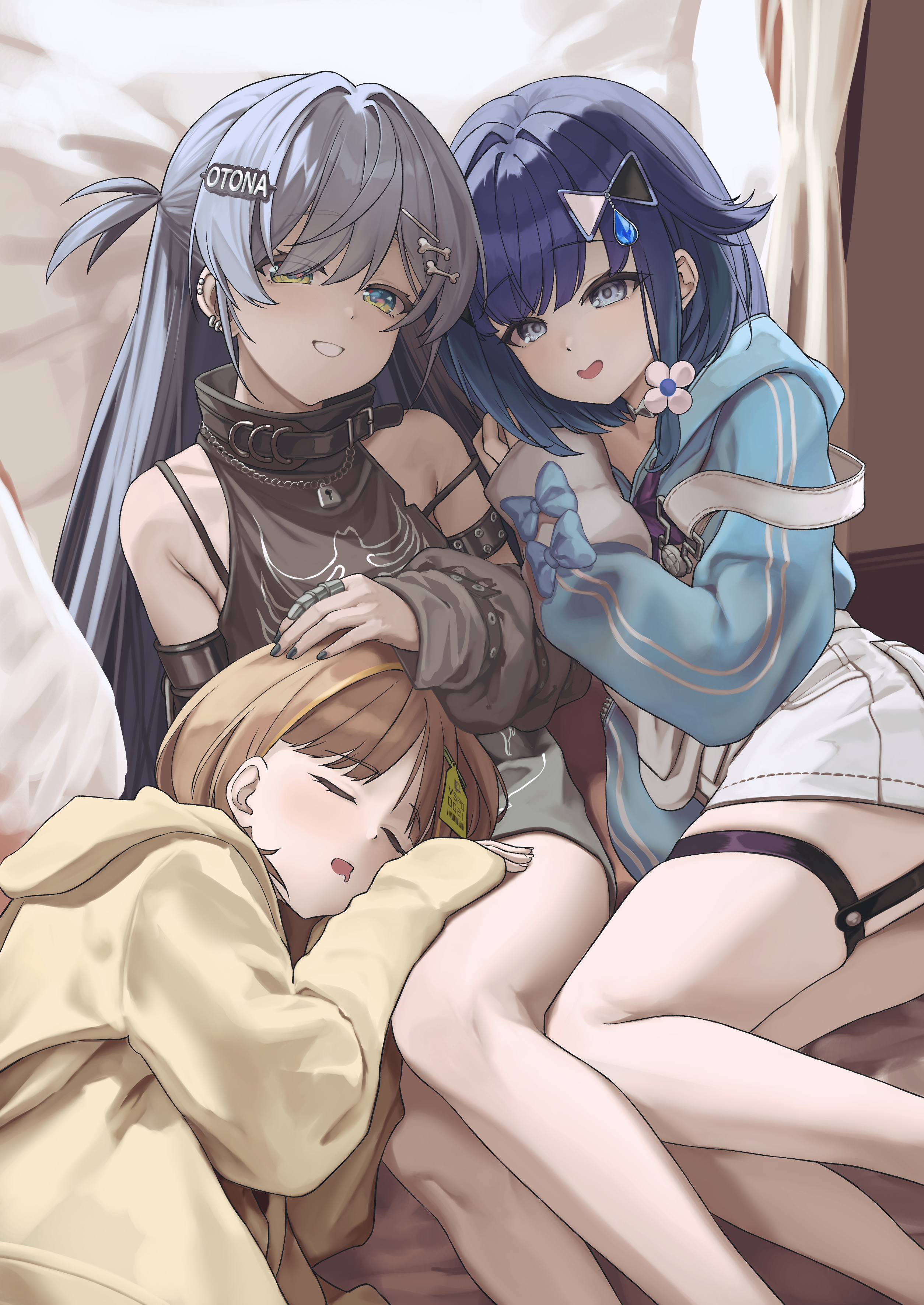 miroku mosman, sendo yuuhi, sendo yuuhi (1st costume), tsumugi kokage, yano kuromu, yano kuromu (1st costume), vspo!, absurdres, commentary request, highres, 3girls, arm strap, bare shoulders, belt, black belt, black bra, black dress, black nails, blue bow, blue eyes, blue hair, blue hoodie, bone hair ornament, bow, bra, bra strap, brown hair, chain, chain necklace, dress, drooling, ear piercing, flower, gradient eyes, grey hair, grin, hair flower, hair ornament, hand on another's thigh, hood, hoodie, jewelry, lap pillow, lock, long hair, looking at viewer, lying, multicolored eyes, multiple girls, necklace, open mouth, overall shorts, overalls, padlock, piercing, short hair, skindentation, smile, strap slip, thigh strap, underwear, very long hair, virtual youtuber, white overalls, yellow eyes, yellow hoodie
