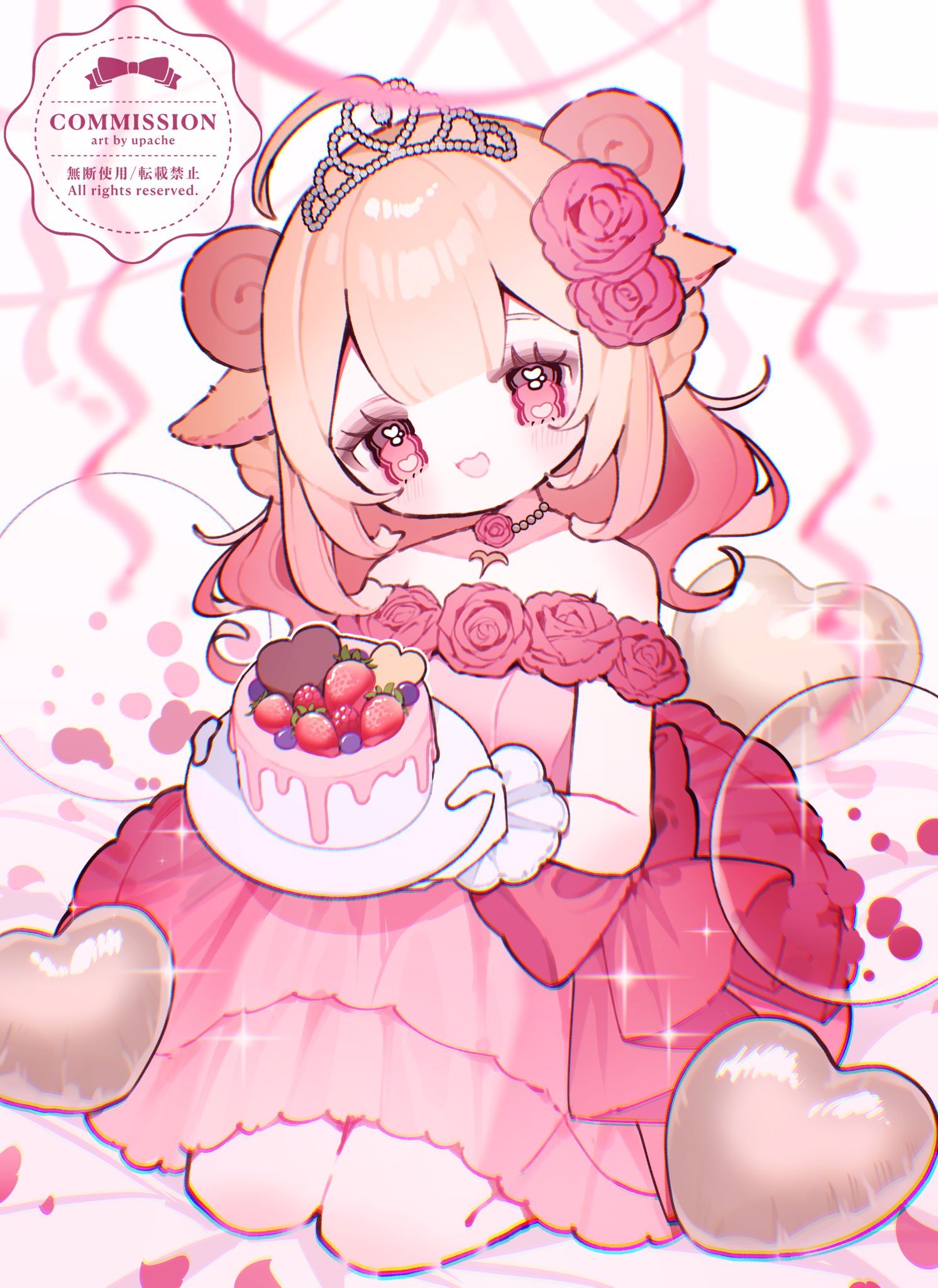 upa papa co, original, commentary, commission, highres, symbol-only commentary, 1girl, :d, artist name, bare shoulders, blonde hair, blunt bangs, blush, cake, double-parted bangs, dress, flower, food, fruit, full body, gloves, hair flower, hair ornament, holding, holding plate, long hair, off-shoulder dress, off shoulder, open mouth, plate, red dress, red eyes, red flower, short sleeves, sitting, smile, solo, strawberry, watermark, white gloves