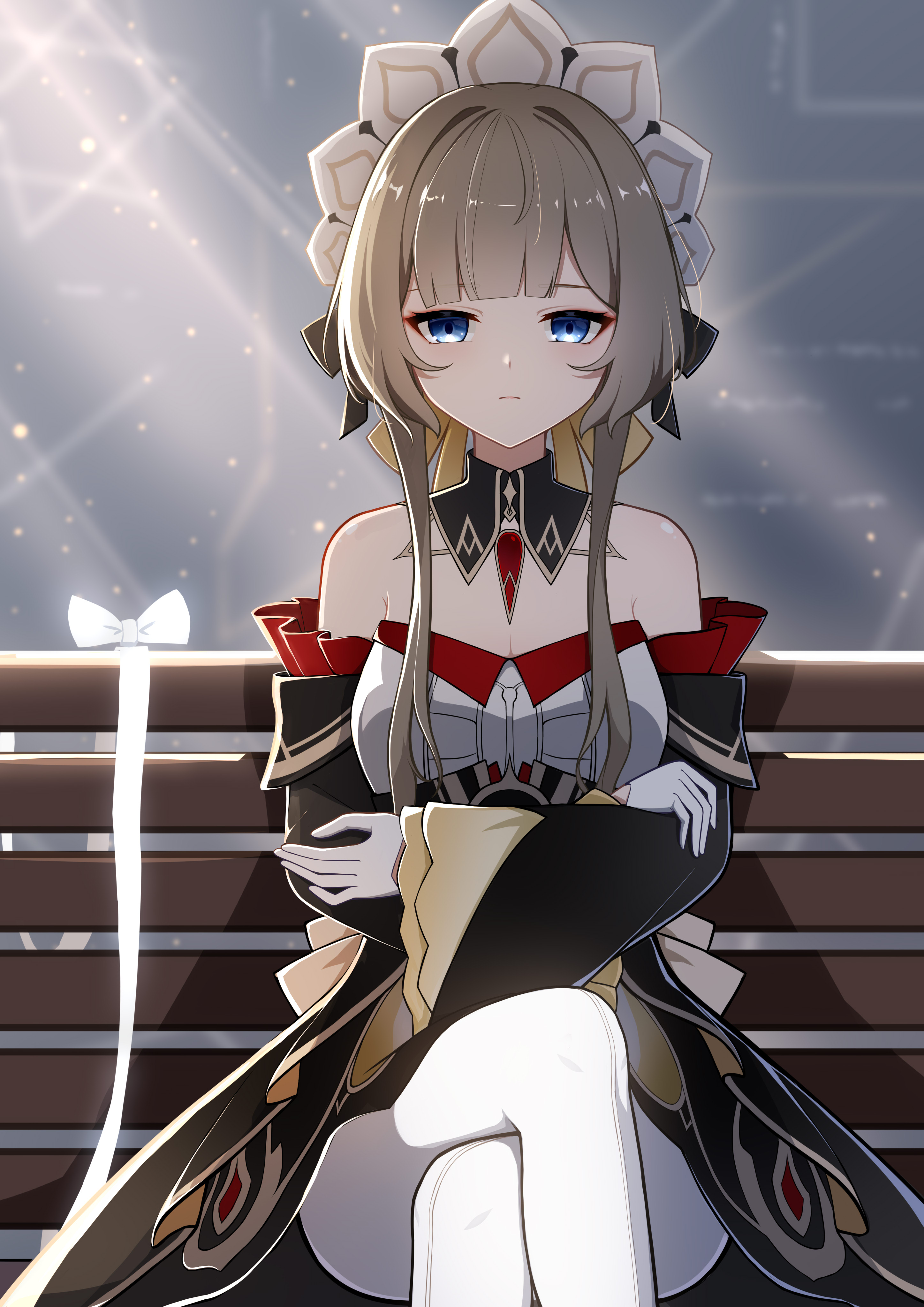 mxirony, sandrone (genshin impact), genshin impact, absurdres, highres, 1girl, bare shoulders, black dress, blue eyes, breasts, brown hair, chair, cleavage, closed mouth, crossed arms, crossed legs, detached collar, dress, gloves, long hair, long sleeves, looking at viewer, medium breasts, on chair, pantyhose, sitting, solo, strapless, strapless dress, white gloves, white pantyhose, wide sleeves
