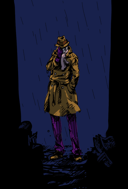 imo, yokoshima (tirimoti), rorschach, dc comics, watchmen, striped, bad id, bad pixiv id, 1boy, alley, coat, fedora, gloves, hand in pocket, hand on headwear, hat, inkblot, male focus, mask, pants, pinstripe pants, pinstripe pattern, rain, solo, standing, trench coat