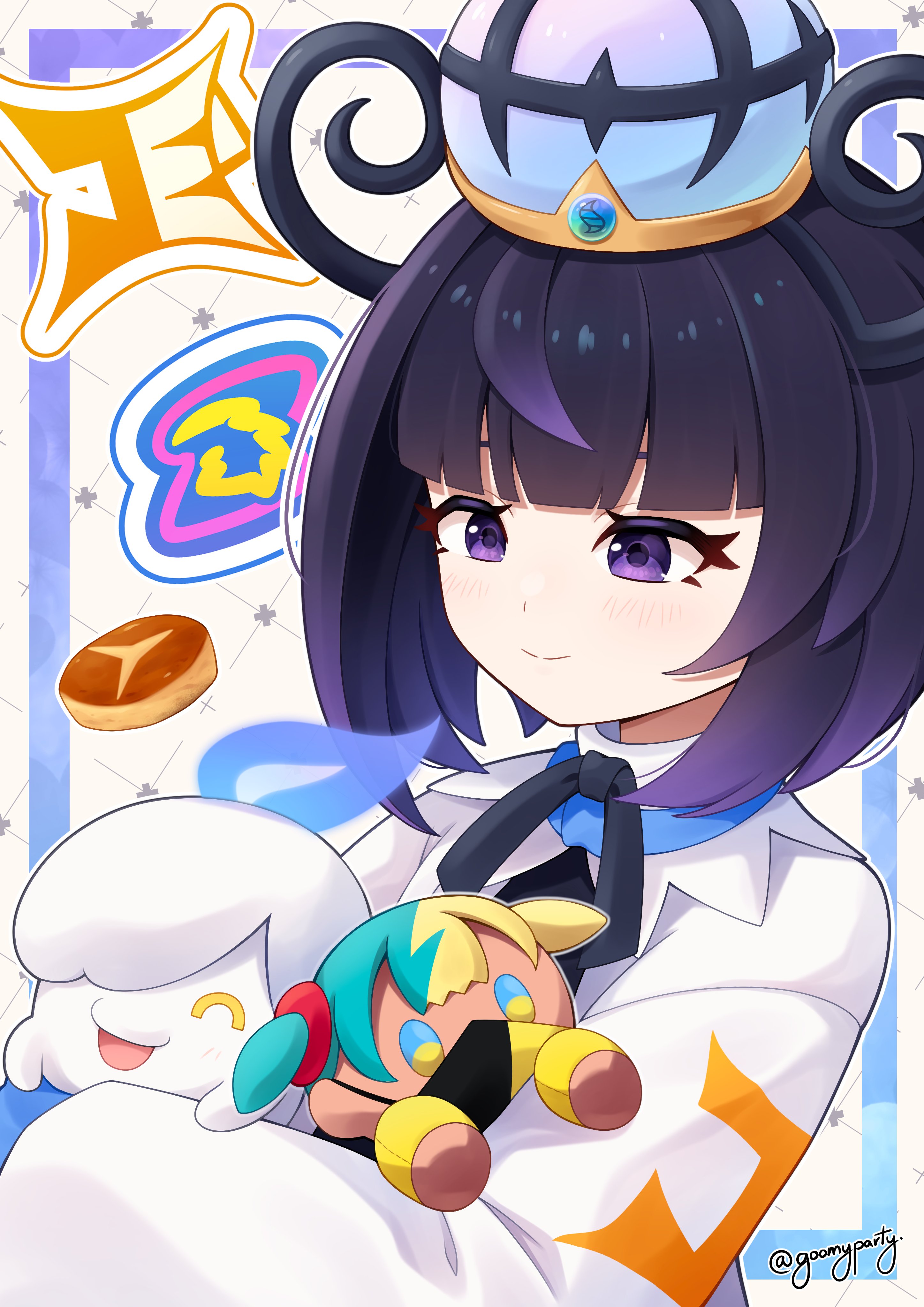 goom (goomyparty), gwynn (pokemon), litwick, nintendo, pokemon, pokemon legends: z-a, absurdres, highres, 1girl, black hair, blunt bangs, bob cut, canari plush (pokemon), character doll, coat, doll, gen 5 pokemon, gradient hair, hat, holding, holding doll, holding pokemon, long sleeves, mega stone, multicolored hair, pokemon (creature), purple eyes, purple hair, short hair, smile, twitter username, upper body, white coat