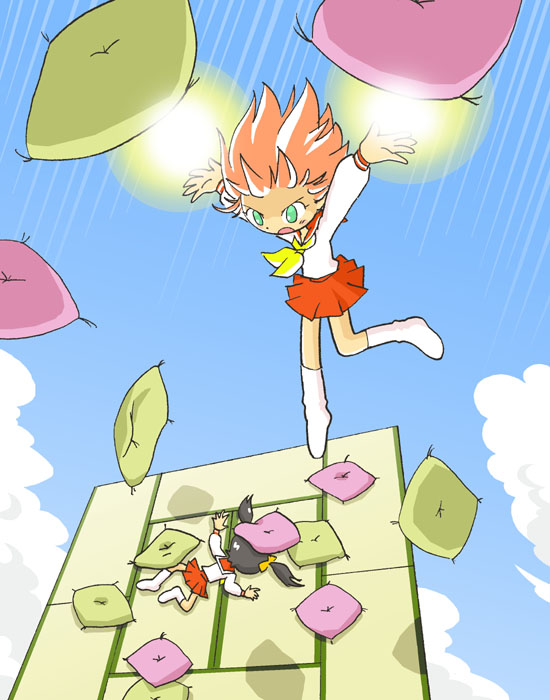 kabiinyo (kab), original, 2girls, cloud, day, gradient background, multiple girls, pillow, pillow fight, school uniform, serafuku, sky, tatami