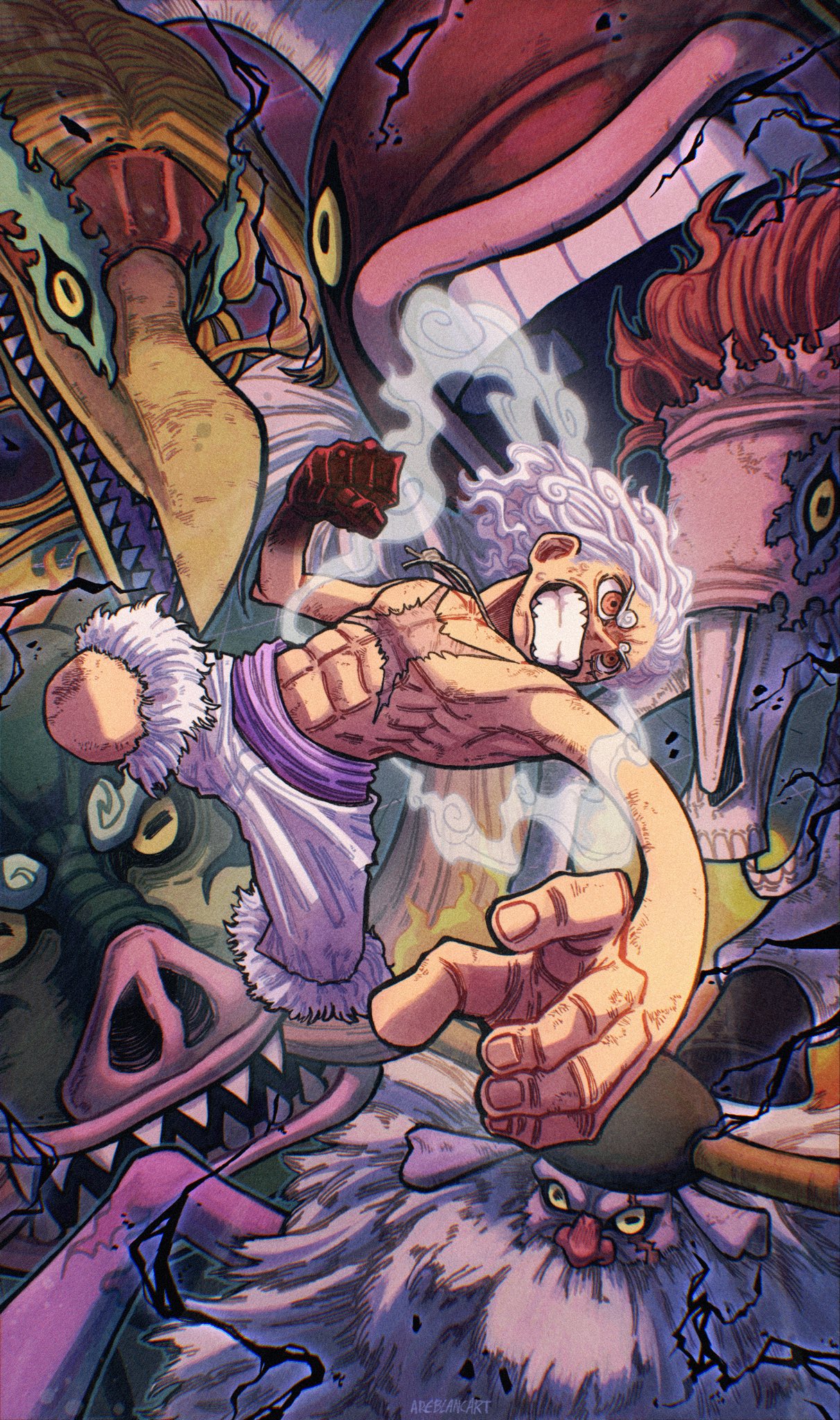 areblancart, ethan-baron v. nusjuro, jaygarcia saturn, marcus mars, monkey d. luffy, shepherd ju peter, topman warcury, one piece, highres, 6+boys, abs, alternate form, arthropod boy, bakotsu (youkai), beard, bird, black hat, boar, clenched hand, clenched teeth, colored sclera, facial hair, fighting, gear fifth, gorosei, hat, horns, horse, itsumade (youkai), male focus, monster, multiple boys, mustache, orange eyes, purple sash, sash, scar, scar on chest, sharp teeth, short hair, shorts, spider boy, teeth, thick beard, topless male, white hair, white shorts, worm, yellow sclera