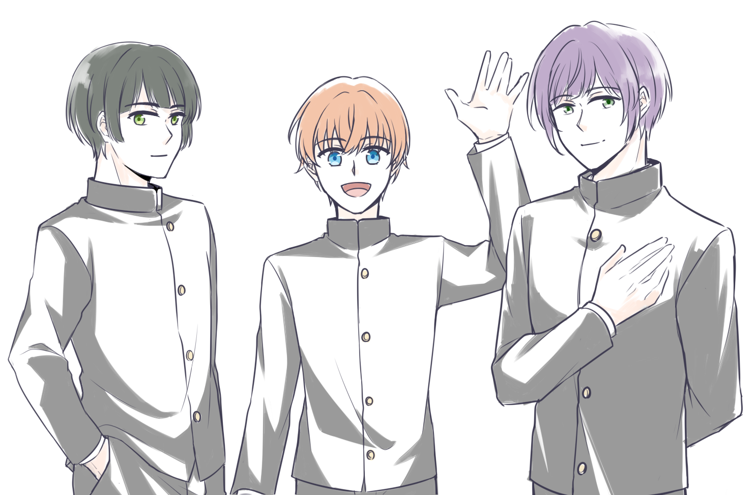 hinoshita kaho, momose ginko, otomune kozue, link! like! love live!, love live!, commentary request, 3boys, :d, black hair, blue eyes, butler bowing, closed mouth, gakuran, genderswap, genderswap (ftm), green eyes, hands in pockets, looking at viewer, male focus, multiple boys, open mouth, orange hair, potatopenggu, purple hair, school uniform, simple background, smile, upper body, virtual youtuber, waving, white background