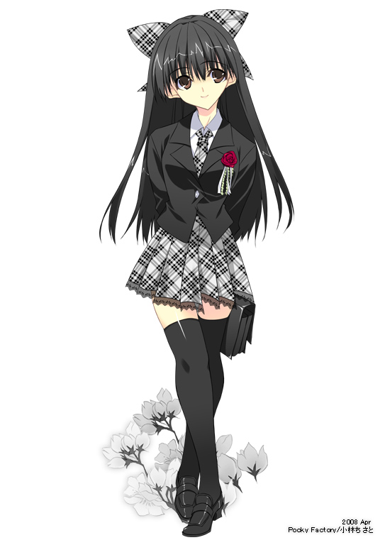 kobayashi chisato, non-web source, bag, black hair, black thighhighs, blazer, brown eyes, flower, hair ornament, hair ribbon, jacket, loafers, long hair, miniskirt, necktie, plaid clothes, plaid skirt, pleated skirt, ribbon, rose, school uniform, shoes, skirt, smile, solo, standing, thighhighs, zettai ryouiki