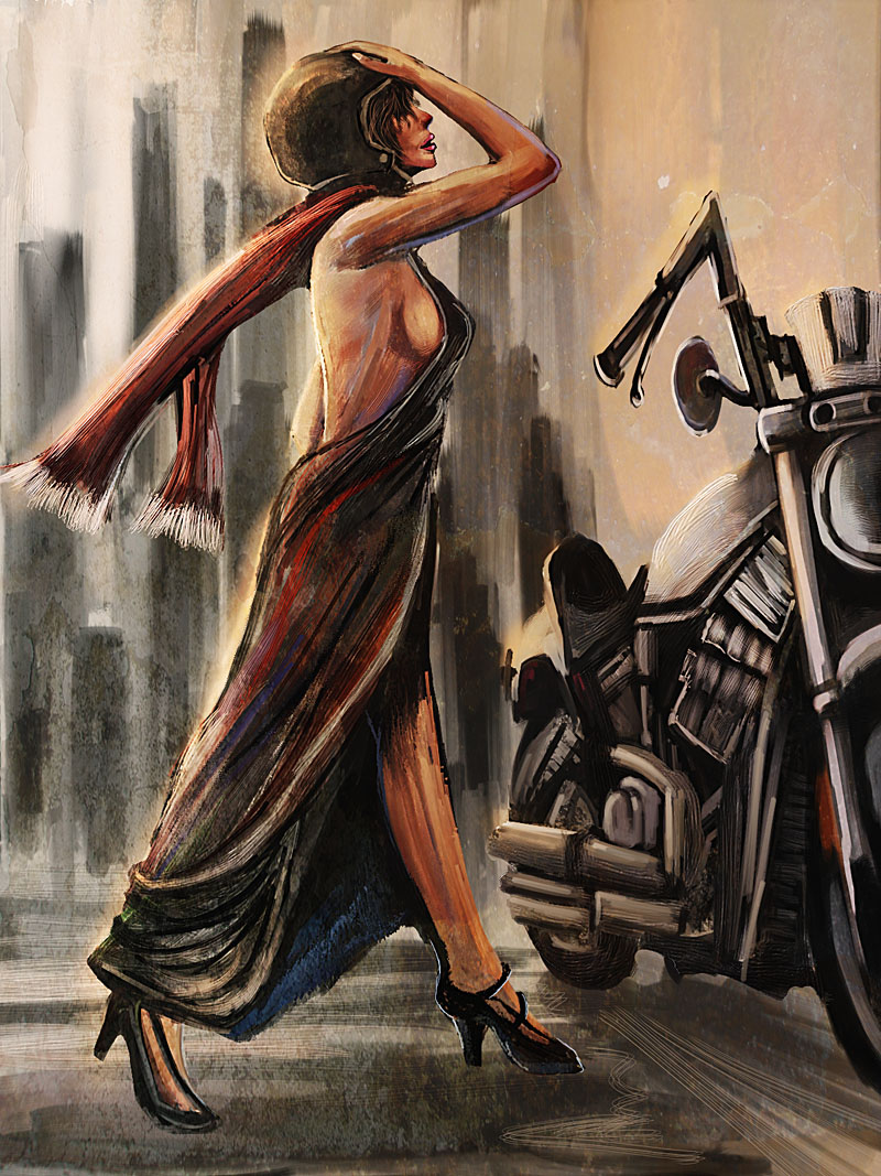 bccp, ada wong, original, resident evil, resident evil 4, vehicle, 1girl, breasts, dress, female focus, helmet, high heels, medium breasts, motor vehicle, motorcycle, scarf, shoes, sideboob, solo