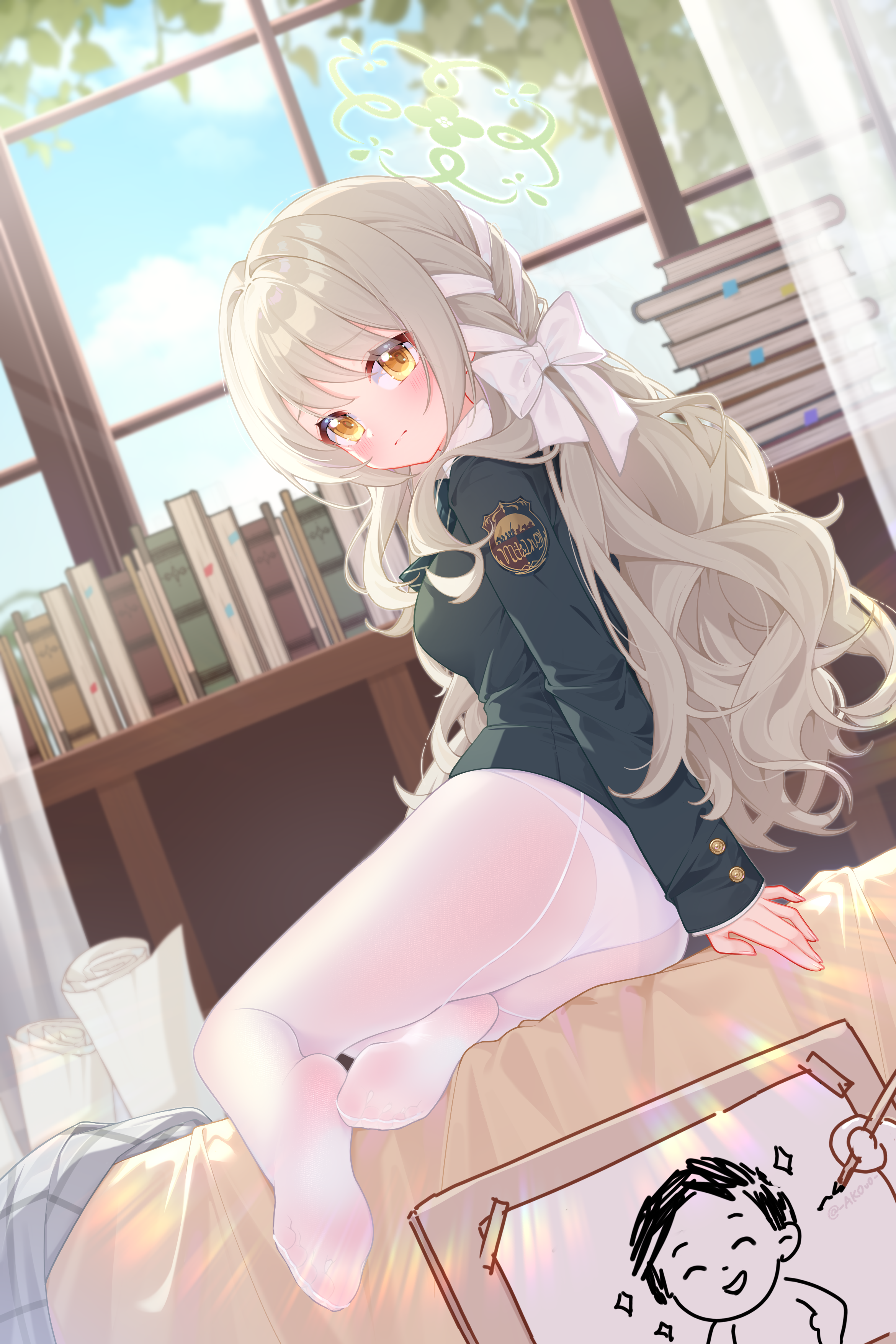 akovo, doodle sensei (blue archive), miyo (blue archive), sensei (blue archive), blue archive, absurdres, commentary, highres, ass, black panties, blazer, blurry, blurry background, blush, book, book stack, bow, braid, breasts, drawing (action), drawing (object), dutch angle, green jacket, grey hair, hair bow, hair ribbon, halo, indoors, jacket, light smile, long hair, long sleeves, looking at viewer, medium breasts, no pants, panties, panties under pantyhose, pantyhose, pov, pov hands, ribbon, ribbon braid, soles, underwear, very long hair, white bow, white pantyhose, white ribbon, yellow eyes