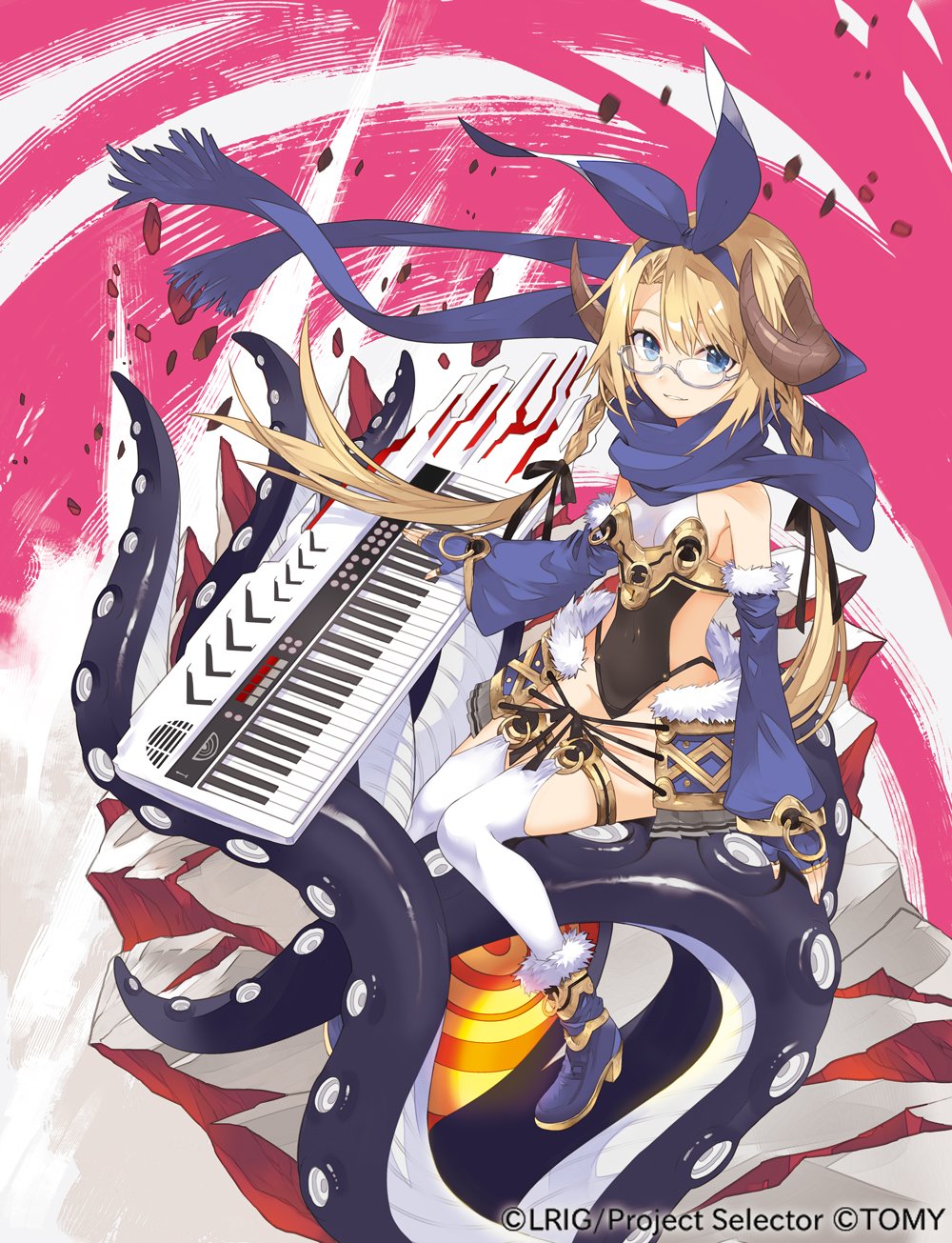 tokiti, umr (wixoss), wixoss, highres, official art, 1girl, black bow, black leotard, blonde hair, blue eyes, blue gloves, blue hairband, blue scarf, blue shoes, bow, bow hairband, breasts, brown horns, copyright notice, covered navel, detached sleeves, fingerless gloves, fur-trimmed shoes, glasses, gloves, hair bow, hairband, horns, instrument, keyboard (instrument), leotard, lock, long hair, looking at viewer, low twintails, padlock, scarf, shoes, sitting, small breasts, solo, tentacles, thighhighs, twintails, white thighhighs
