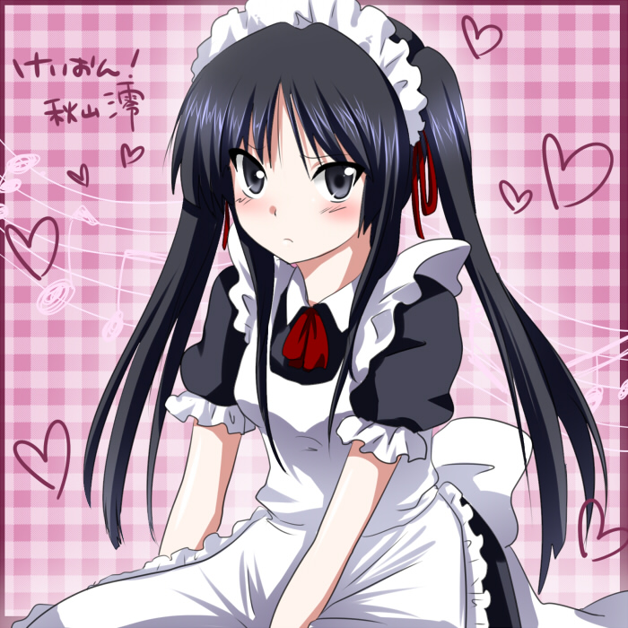 marimo danshaku, msan, akiyama mio, k-on!, bad id, bad pixiv id, 00s, 1girl, alternate costume, black eyes, black hair, blunt bangs, enmaided, female focus, frown, hair ornament, hair ribbon, headband, heart, hime cut, long hair, maid, musical note, ribbon, sitting, solo, twintails