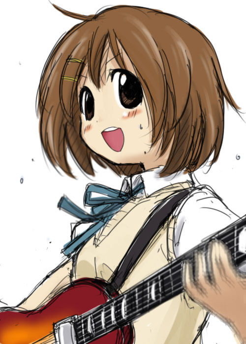 kurase, hirasawa yui, k-on!, 00s, 1girl, bow, bowtie, brown eyes, brown hair, female focus, guitar, hair ornament, instrument, school uniform, short hair, smile, solo, teeth, vest
