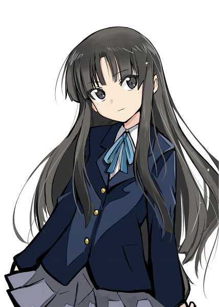 797, akiyama mio, k-on!, bad id, bad pixiv id, 00s, 1girl, black eyes, black hair, blazer, blunt bangs, bow, bowtie, female focus, hime cut, jacket, long hair, miniskirt, pleated skirt, ribbon, school uniform, simple background, skirt, solo