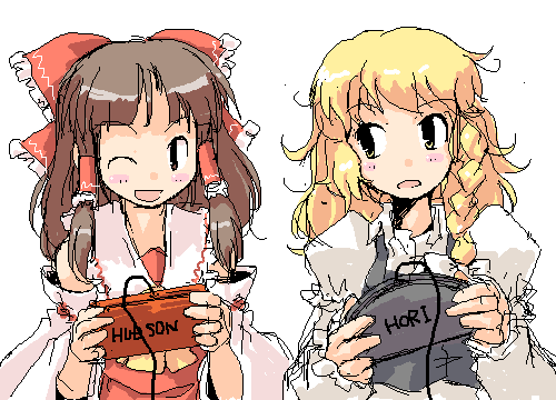 kanoe soushi, hakurei reimu, kirisame marisa, touhou, lowres, 2girls, blonde hair, bow, braid, brown eyes, brown hair, detached sleeves, dress, female focus, hair ornament, hair ribbon, jaggy lines, japanese clothes, long hair, miko, multiple girls, oekaki, one eye closed, playing games, ribbon, simple background, single braid, smile, video game, white background, wink, yellow eyes