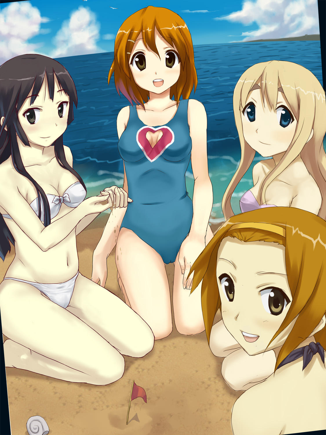 tuanzi, akiyama mio, hirasawa yui, kotobuki tsumugi, tainaka ritsu, k-on!, highres, 00s, 4girls, barefoot, beach, bikini, black eyes, black hair, blonde hair, blue eyes, blunt bangs, breasts, brown eyes, brown hair, cleavage, cleavage cutout, clothing cutout, day, heart, heart cutout, hime cut, ho-kago tea time, kneeling, long hair, medium breasts, multiple girls, navel, one-piece swimsuit, outdoors, short hair, swimsuit