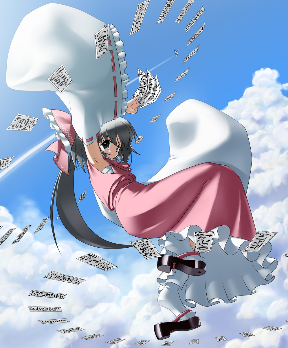 suematsu jerry, hakurei reimu, kirisame marisa, touhou, highres, 2girls, armpits, black eyes, black hair, bow, cloud, day, detached sleeves, dress, female focus, full body, hair ornament, hair ribbon, japanese clothes, long hair, midair, miko, multiple girls, ofuda, outdoors, ribbon, sky, very long hair