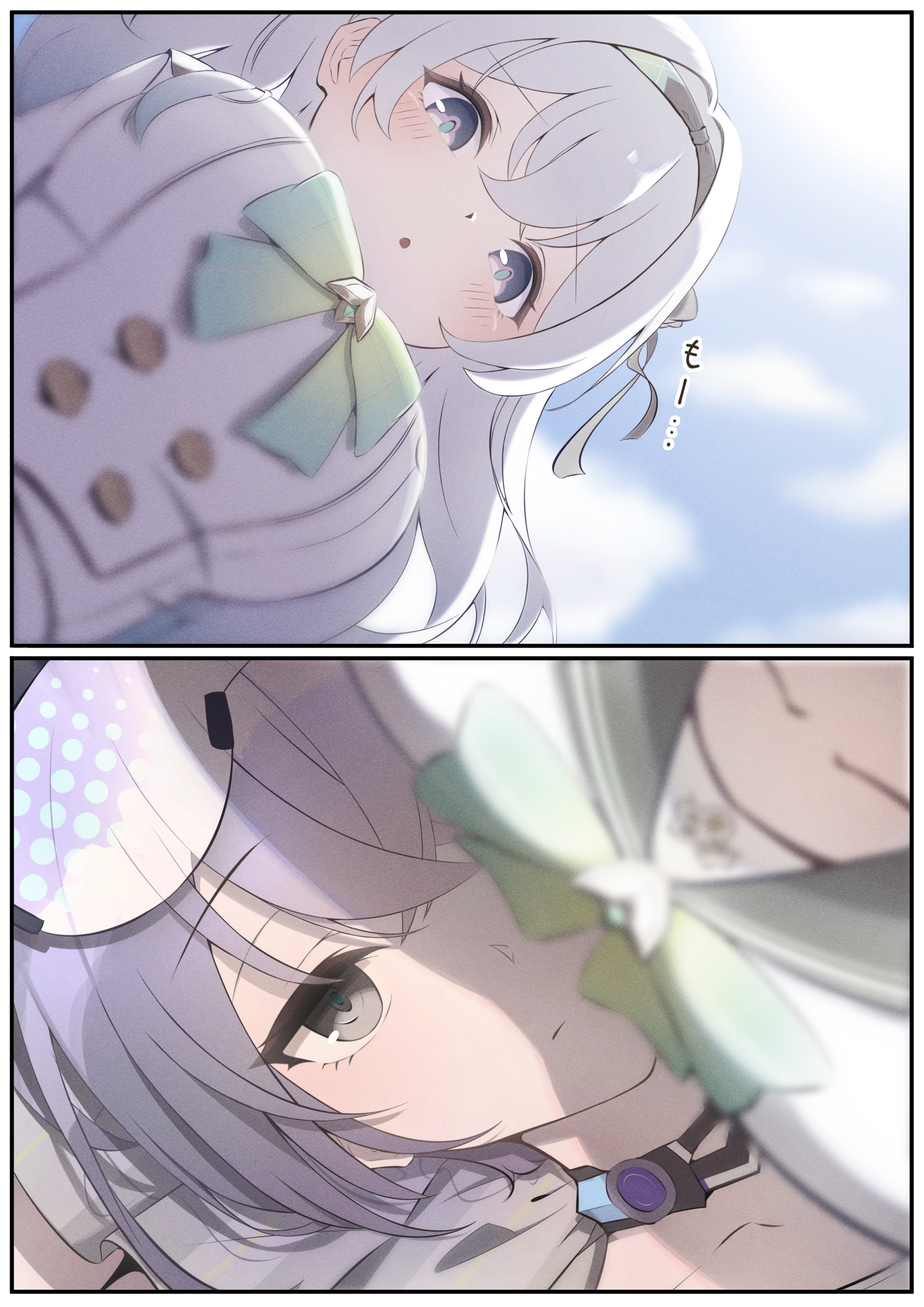 mashiro (user 65392488), firefly (honkai: star rail), firefly (spring missive) (honkai: star rail), silver wolf (honkai: star rail), honkai: star rail, honkai (series), highres, 2girls, blush, bow, breasts, buttons, closed mouth, collarbone, eyewear on head, frieren lap pillow (meme), green bow, grey eyes, grey hair, hair between eyes, hair ornament, lap pillow, large breasts, looking at another, looking down, lying, meme, multiple girls, official alternate costume, on back, open mouth, pink eyes, school uniform