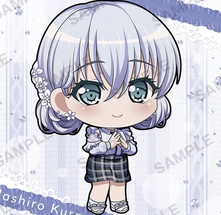 kurata mashiro, bang dream!, non-web source, 1girl, big head, bluish-white, character name, chibi, chibi only, closed mouth, earrings, flower, high heels, jewelry, looking at viewer, pumps, short hair, skirt, smile, standing, white flower