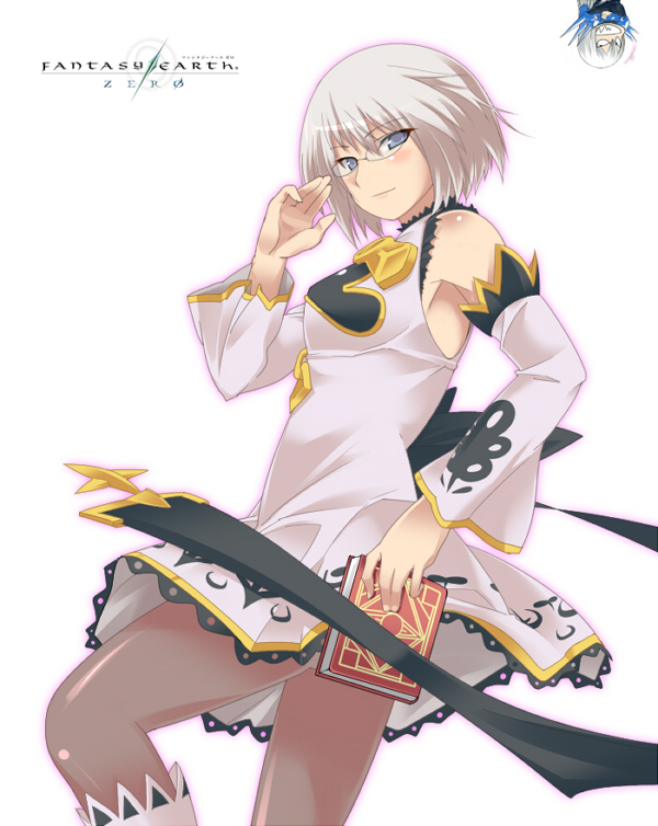 kurou (yugato), yugato, fantasy earth zero, silver hair, 1girl, bare shoulders, blue eyes, book, detached sleeves, dress, female focus, glasses, pantyhose, short hair, solo