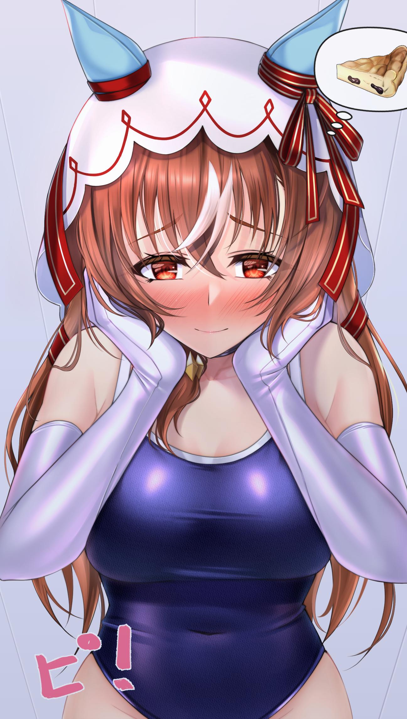 cela f, still in love (umamusume), umamusume, commentary request, highres, 1girl, alternate costume, animal ears, blush, breasts, brown hair, closed mouth, competition school swimsuit, elbow gloves, food, gloves, hair between eyes, hair ornament, hands on own cheeks, hands on own face, horse ears, horse tail, long hair, looking at viewer, navel, red eyes, school swimsuit, small breasts, smile, solo, swimsuit, tail, veil, white background, white gloves