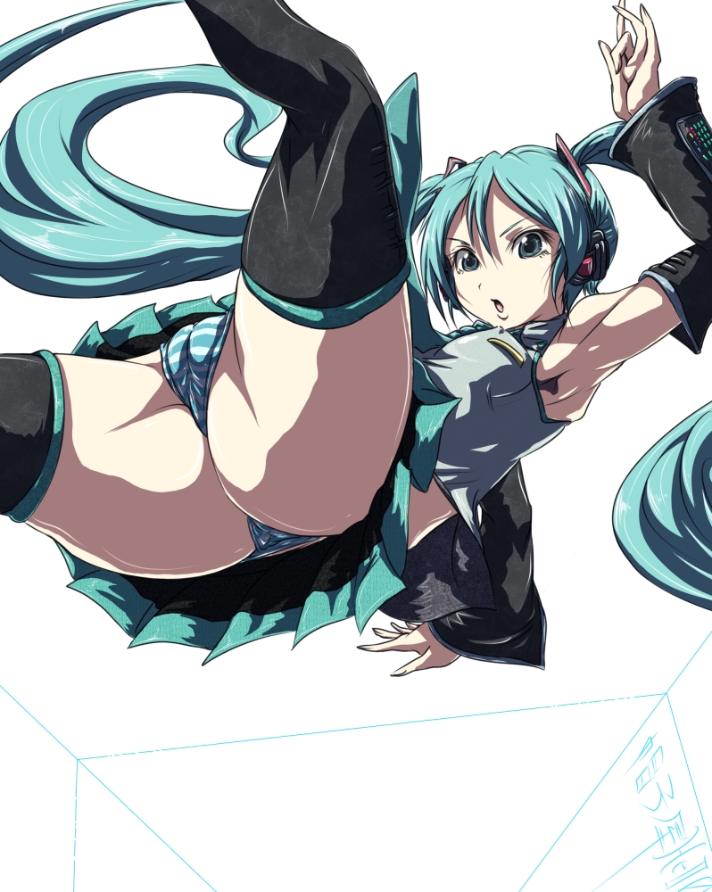 madhatter hello, hatsune miku, vocaloid, 1girl, aqua eyes, aqua hair, armpits, black thighhighs, cameltoe, female focus, long hair, panties, solo, striped clothes, striped panties, thighhighs, thong, twintails, underwear, upskirt