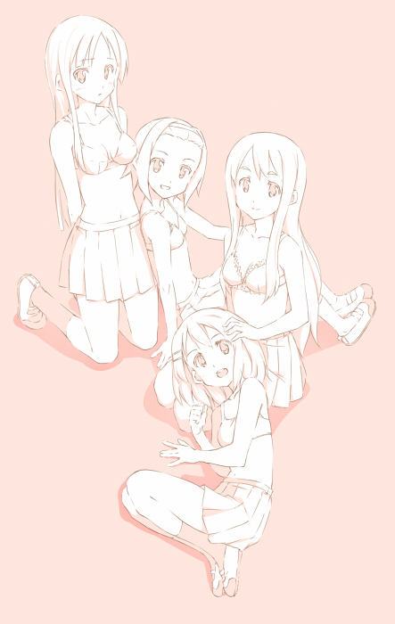 hamao, akiyama mio, hirasawa yui, kotobuki tsumugi, tainaka ritsu, k-on!, 00s, 4girls, bra, ho-kago tea time, lap pillow, lingerie, monochrome, multiple girls, pleated skirt, school uniform, serafuku, skirt, underwear