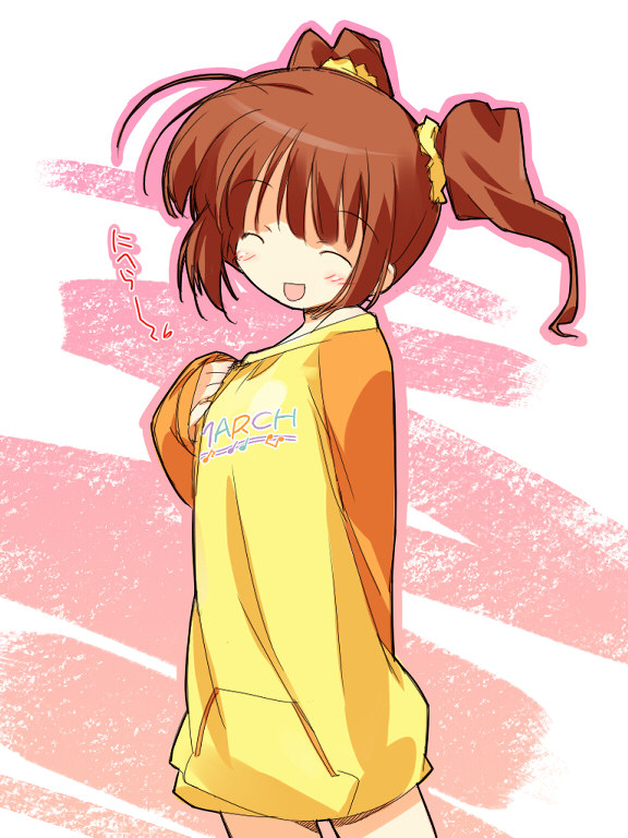 asoka, takatsuki yayoi, idolmaster, idolmaster (classic), idolmaster 1, 00s, 1girl, brown hair, closed eyes, female focus, oversized clothes, raglan sleeves, short hair, solo, twintails