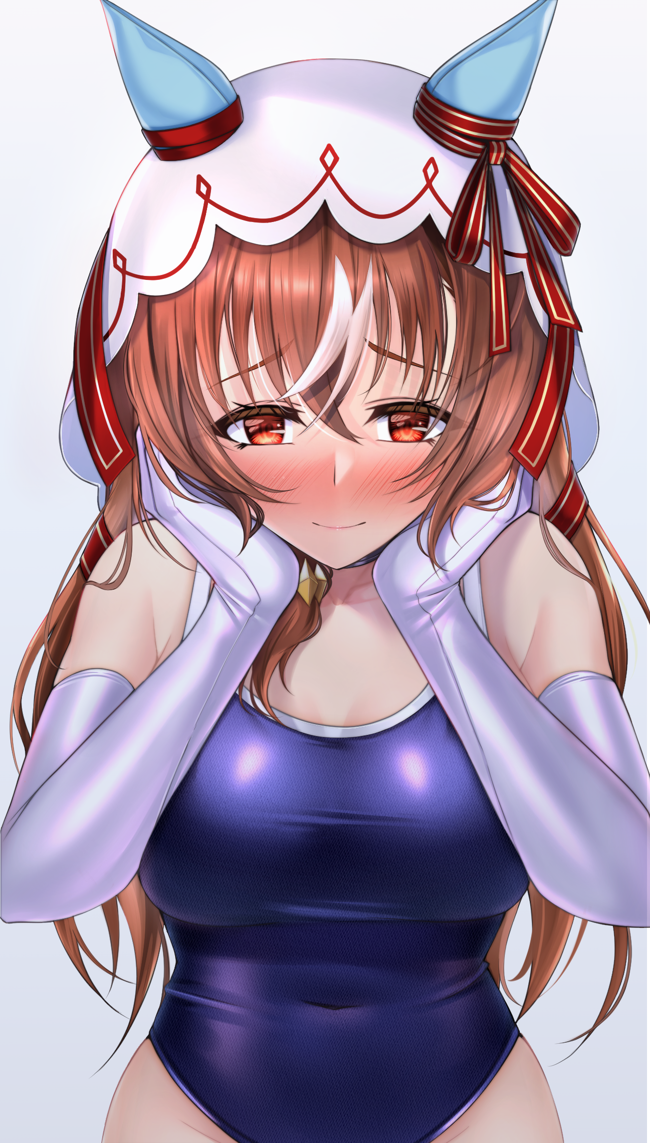 cela f, still in love (umamusume), umamusume, commentary request, highres, 1girl, alternate costume, animal ears, blush, breasts, brown hair, closed mouth, competition school swimsuit, elbow gloves, food, gloves, hair between eyes, hair ornament, hands on own cheeks, hands on own face, horse ears, horse tail, long hair, looking at viewer, navel, red eyes, school swimsuit, small breasts, smile, solo, swimsuit, tail, veil, white background, white gloves