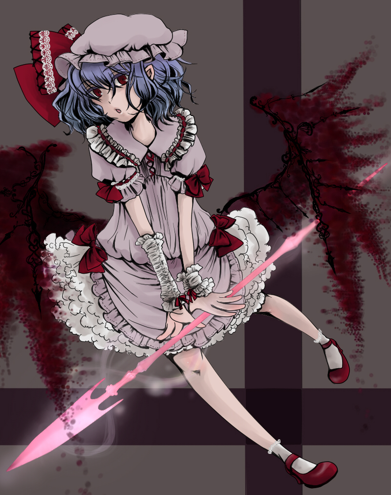 saneatsu, remilia scarlet, touhou, 1girl, bat wings, blue hair, female focus, full body, hat, polearm, red eyes, short hair, solo, spear, spear the gungnir, weapon, wings