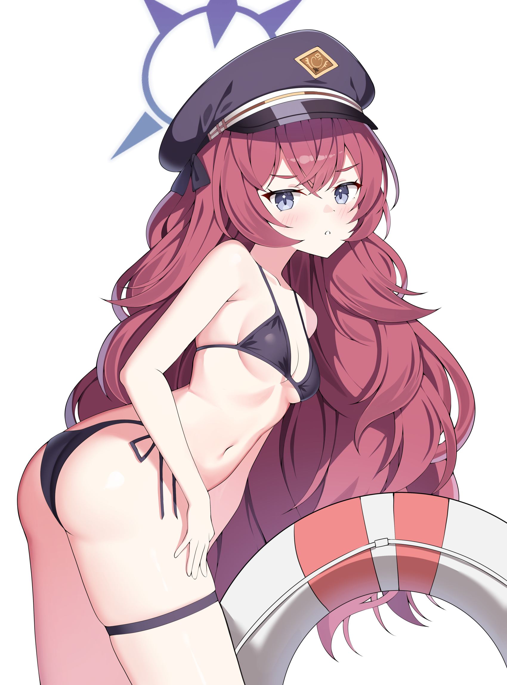 sob (submar1089), iroha (blue archive), blue archive, highres, 1girl, ass, bikini, black bikini, breasts, halo, hat, long hair, looking at viewer, peaked cap, red hair, side-tie bikini bottom, simple background, small breasts, solo, swim ring, swimsuit, thigh strap, white background