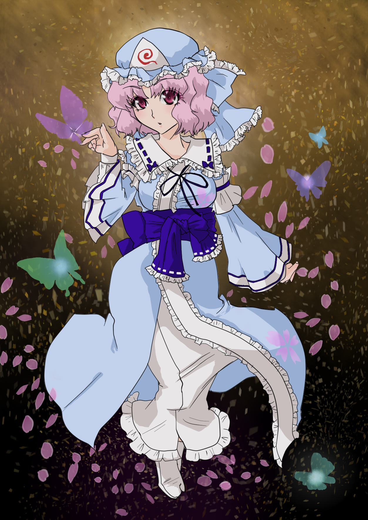 saneatsu, saigyouji yuyuko, touhou, bad id, bad pixiv id, highres, 1girl, breasts, bug, butterfly, dress, female focus, full body, gradient background, hat, insect, petals, pink eyes, pink hair, short hair, solo, tabi