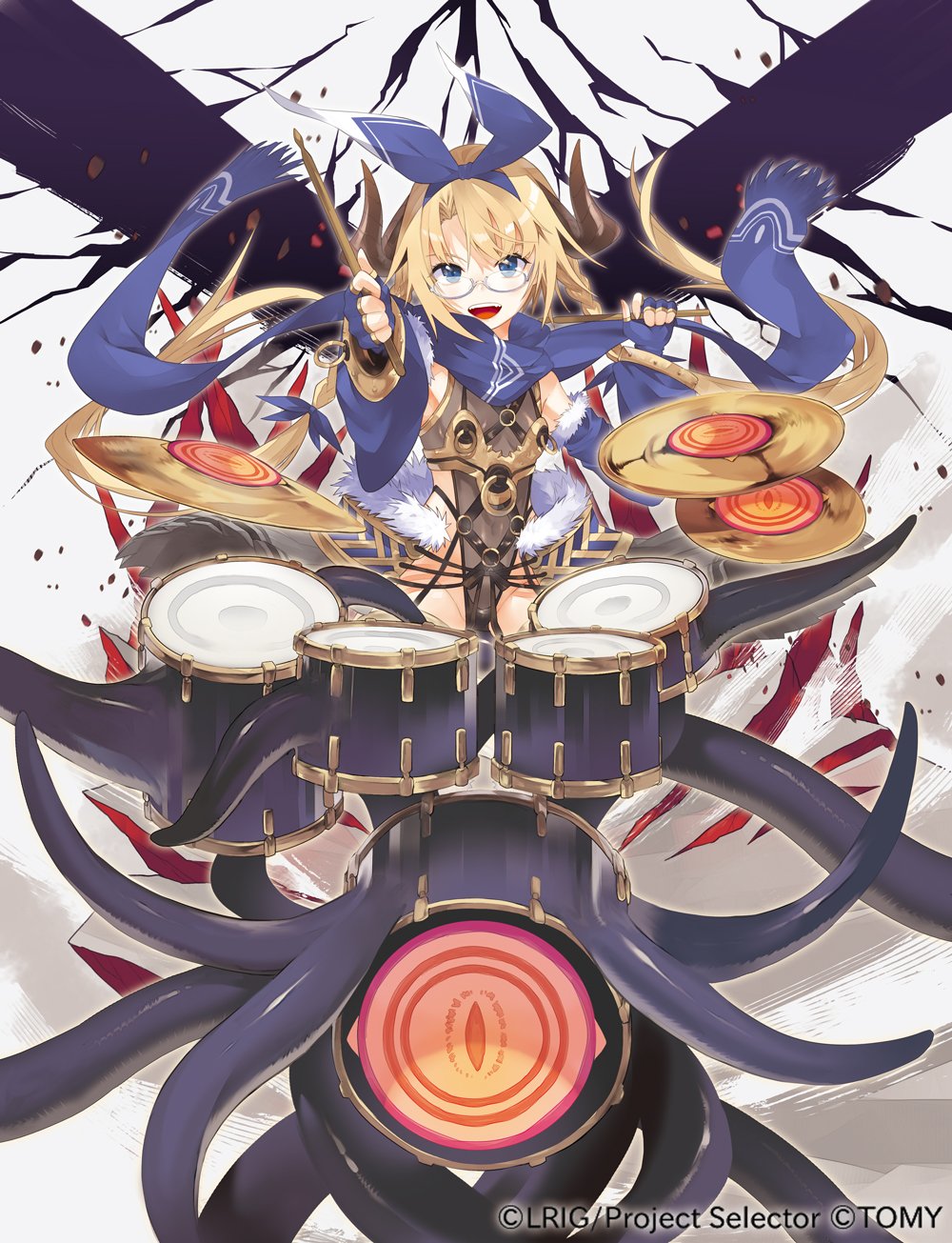 tokiti, umr (wixoss), wixoss, highres, official art, 1girl, blonde hair, blue bow, blue eyes, blue gloves, blue hairband, blue scarf, bow, bow hairband, brown horns, brown leotard, copyright notice, covered navel, detached sleeves, drum, drum set, drumsticks, fingerless gloves, glasses, gloves, hair bow, hairband, holding, holding drumsticks, horns, instrument, leotard, long hair, open mouth, scarf, solo, teeth, tentacles, twintails, upper teeth only