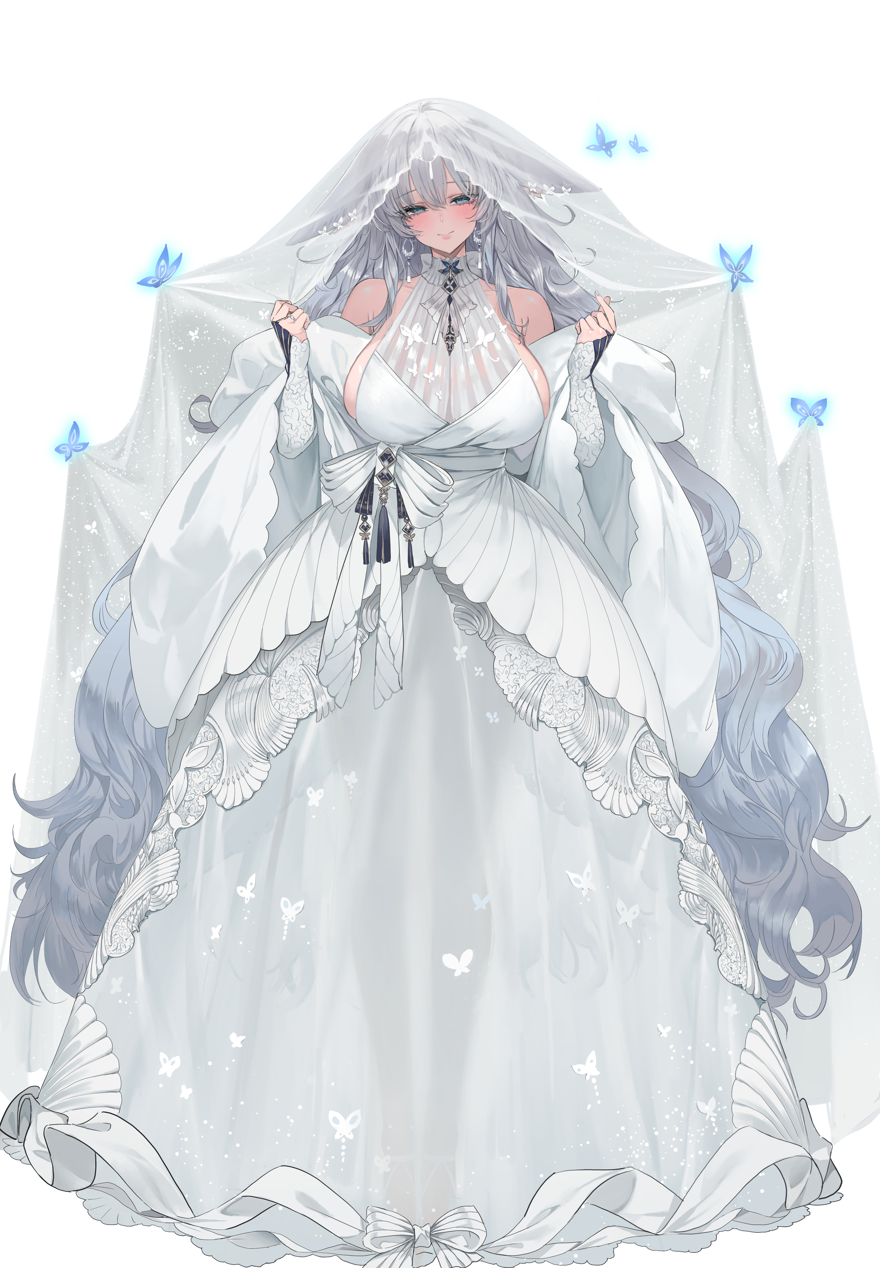 dishwasher1910, shinano (azur lane), azur lane, absurdres, highres, revision, 1girl, absurdly long hair, alternate costume, animal ears, artist name, bare shoulders, blue butterfly, blue eyes, bow, breasts, bridal veil, bride, bug, butterfly, choker, cleavage, closed mouth, dark-skinned female, dark skin, double-parted bangs, dress, empire waist, facing viewer, floppy ears, fox ears, fox girl, full body, garter straps, gown, grey hair, halter dress, halterneck, hands up, insect, large breasts, layered dress, long hair, long sleeves, long veil, looking at viewer, looking to the side, mandarin collar, no tail, parted lips, see-through clothes, see-through dress, see-through veil, shawl, sideboob, simple background, smile, solo, standing, tan, translucent, veil, very long hair, w arms, waist bow, wedding dress, white background, white bow, white choker, white garter straps, white shawl