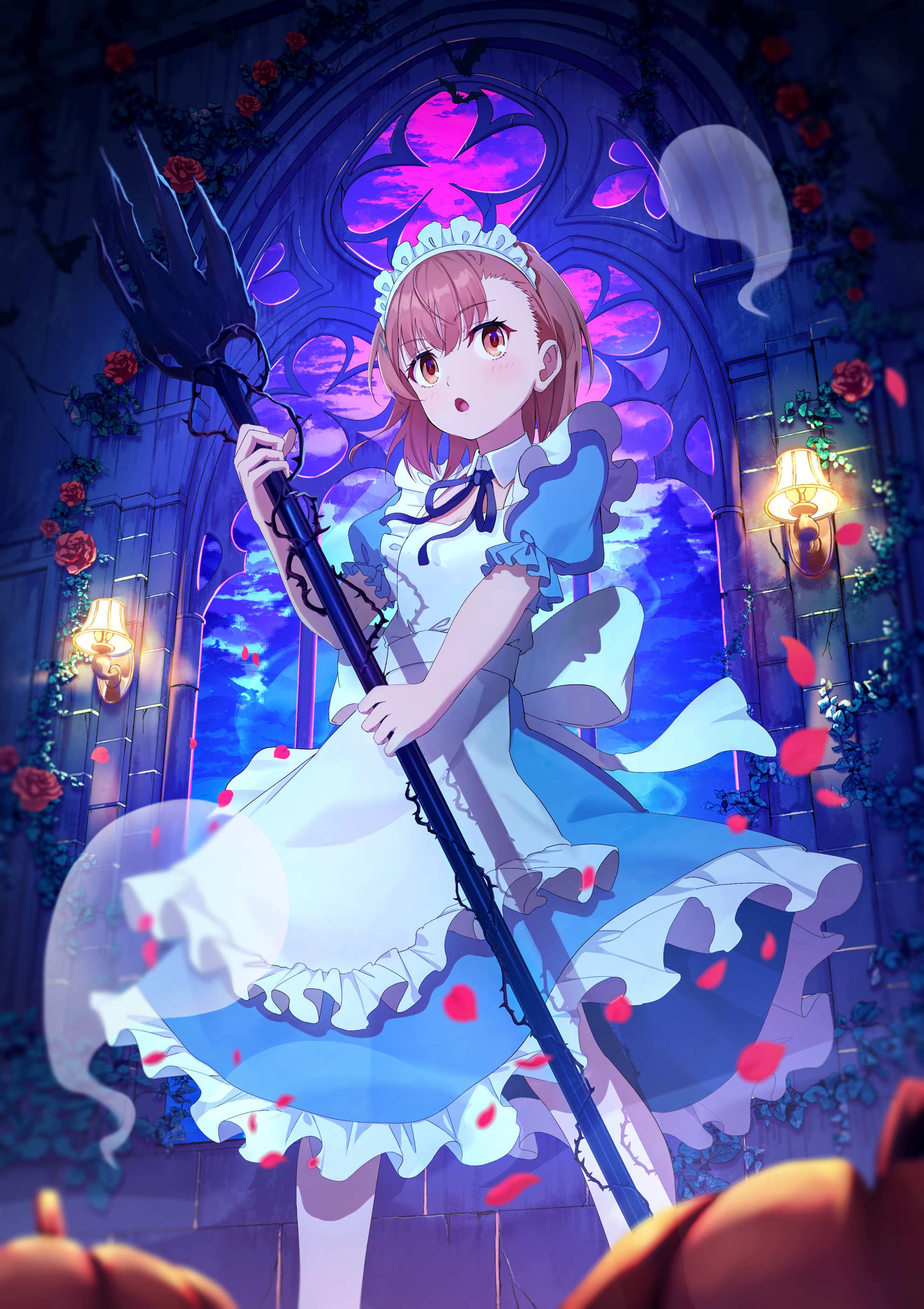 pension z, alice (alice in wonderland), misaka mikoto, toaru kagaku no railgun, toaru majutsu no index, absurdres, commentary, highres, 1girl, alice (alice in wonderland) (cosplay), apron, asymmetrical bangs, blue dress, brown eyes, brown hair, cosplay, dress, falling petals, fork, ghost, giant fork, halloween, holding, holding fork, indoors, maid headdress, neck ribbon, open mouth, pantyhose, petals, puffy short sleeves, puffy sleeves, pumpkin, ribbon, short hair, short sleeves, solo, stained glass, white pantyhose