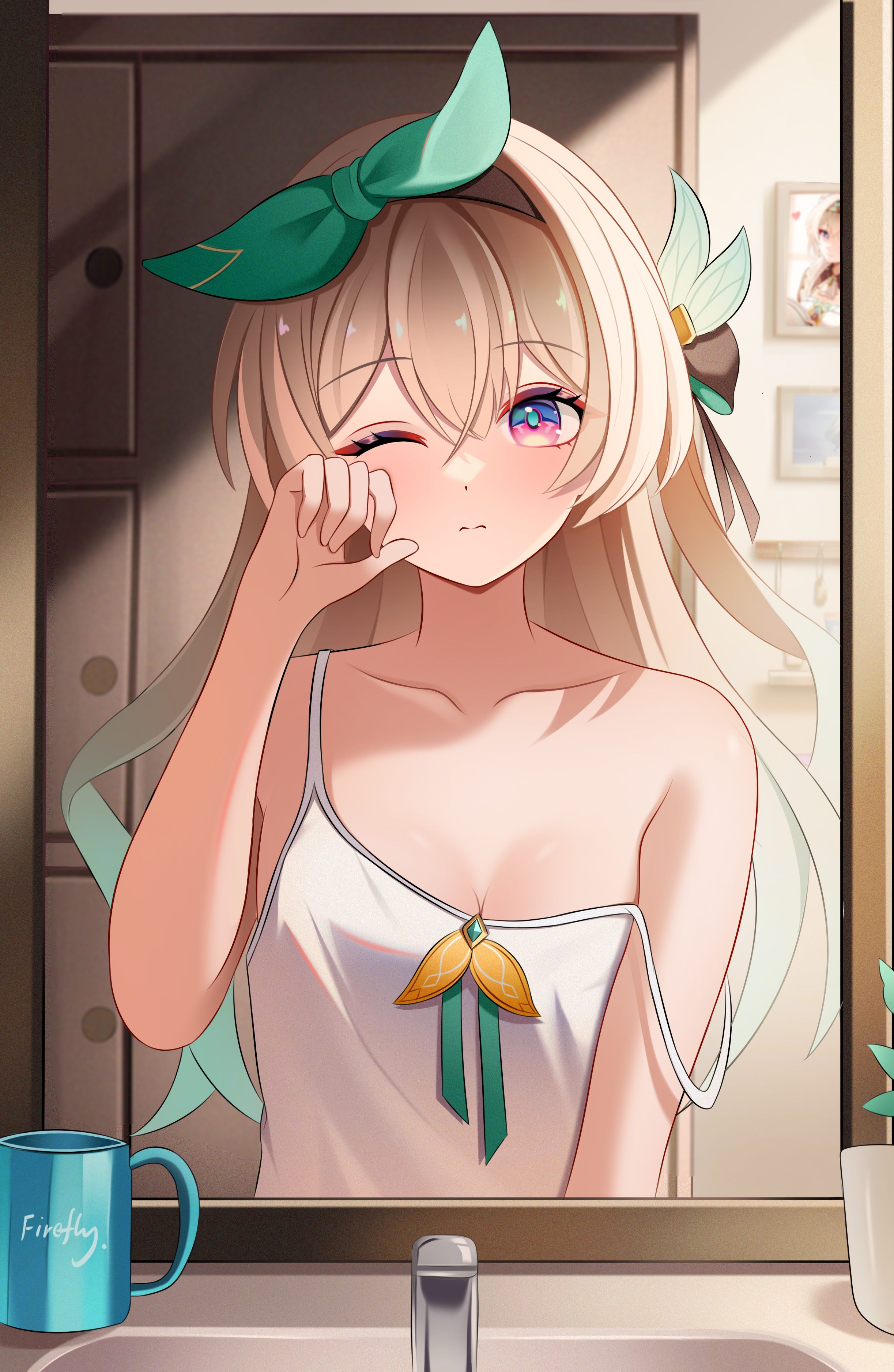 chijiandeyusang, firefly (honkai: star rail), honkai: star rail, honkai (series), absurdres, highres, 1girl, bare arms, bow, breasts, cleavage, closed mouth, collarbone, cup, gradient hair, green bow, green hair, grey hair, hair between eyes, hair ornament, long hair, looking at mirror, looking at viewer, medium breasts, mirror, multicolored hair, one eye closed, pink eyes, shirt, sink, solo, very long hair, white shirt