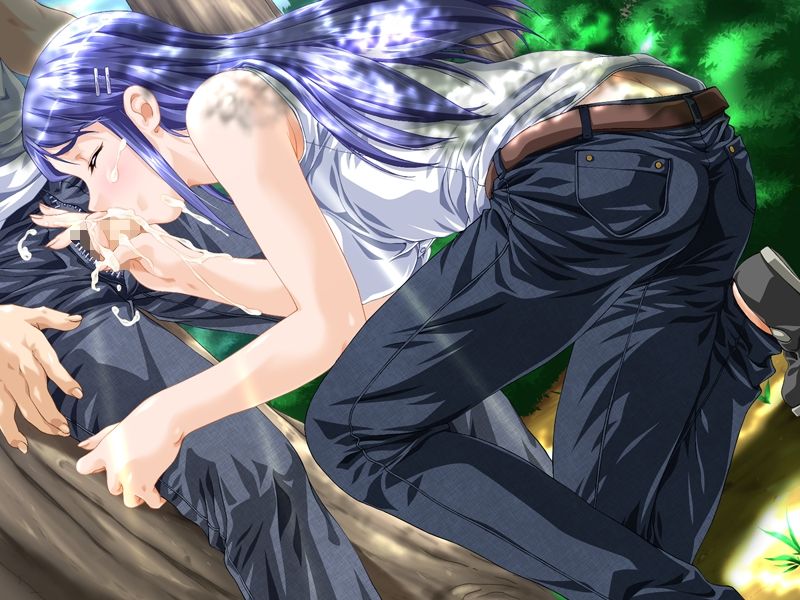 skyhouse, komine mitsuru, one boku, game cg, blue hair, censored, cum, cum in mouth, fellatio, long hair, oral, outdoors, penis