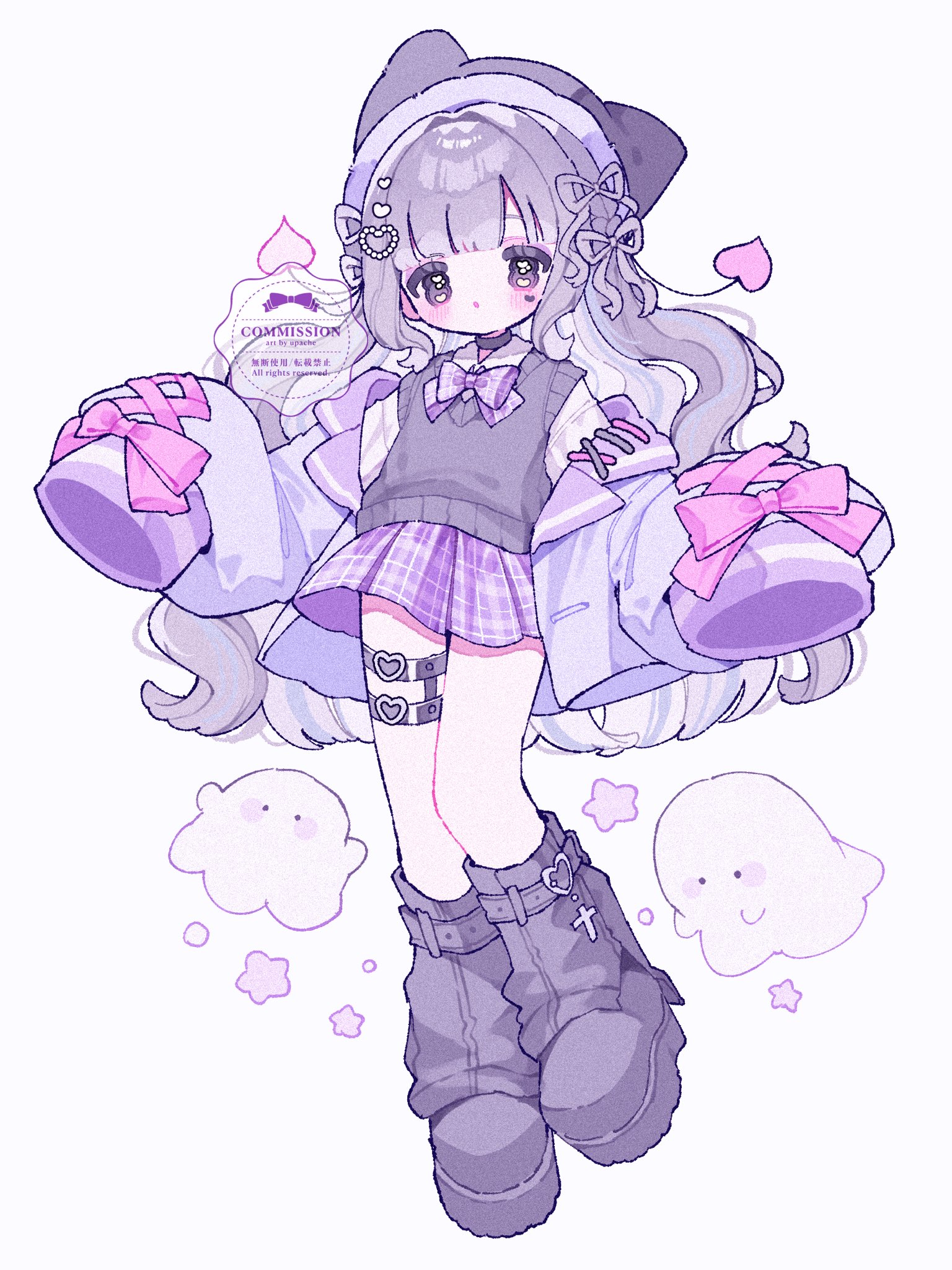 upa papa co, original, commentary, commission, highres, skeb commission, 1girl, artist name, black boots, black choker, black hat, blunt bangs, blush, boots, bow, bowtie, choker, collared shirt, full body, grey hair, grey sweater vest, hat, jacket, long hair, multiple thigh straps, off shoulder, open clothes, open jacket, open mouth, pink bow, plaid bow, plaid bowtie, plaid clothes, plaid skirt, pleated skirt, purple bow, purple bowtie, purple eyes, purple jacket, purple skirt, shirt, simple background, skirt, sleeve bow, sleeves past fingers, sleeves past wrists, solo, standing, sweater vest, watermark, white background, white shirt