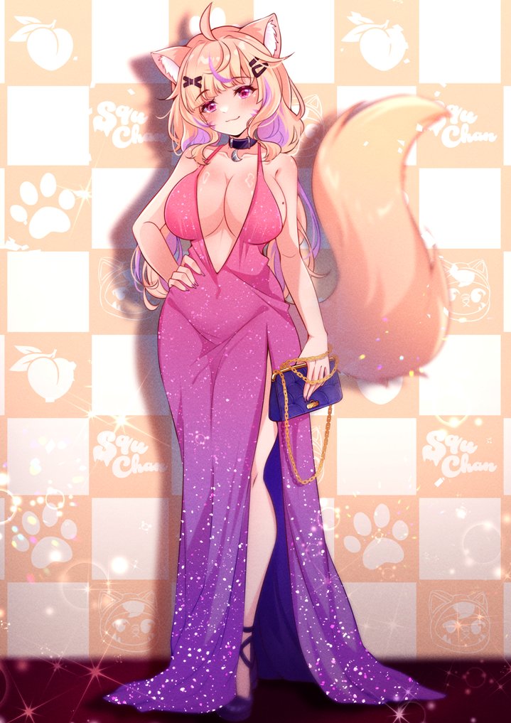 cyanzan, shyrei faolan, indie virtual youtuber, commentary, english commentary, second-party source, 1girl, ahoge, alternate breast size (larger), animal ear fluff, animal ears, black collar, blonde hair, blunt bangs, breasts, cat ears, cat girl, cat tail, collar, colored inner hair, dress, evening gown, facial mark, gradient clothes, gradient dress, hand on own hip, large breasts, light blush, light smile, long hair, looking at viewer, mole, mole on breast, multicolored hair, pink nails, plunging neckline, purple dress, purple hair, red eyes, solo, tail, two-tone hair, virtual youtuber, whisker markings